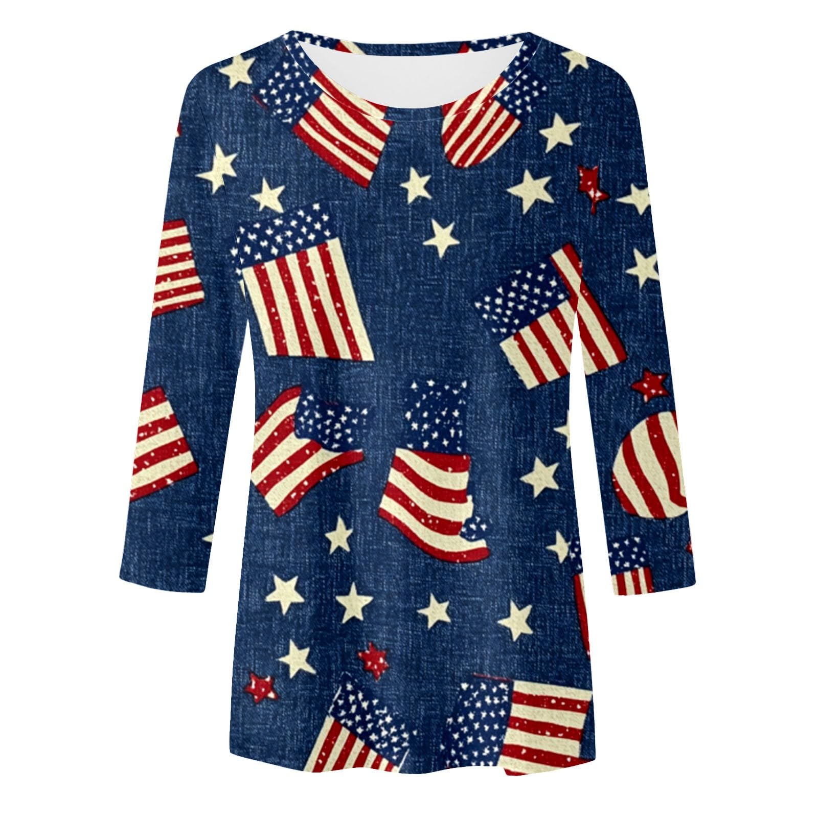 Women's Fashion Casual Independence Day Printed Cropped Sleeve T Shirt Long Sleeved T Shirts Women (Blue-G, XL)