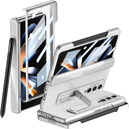 Miimall Funda compatible con Samsung Z Fold 4 con soporte para bolígrafo en el borde, con bisagras magnéticas, protector de pantalla de vidrio