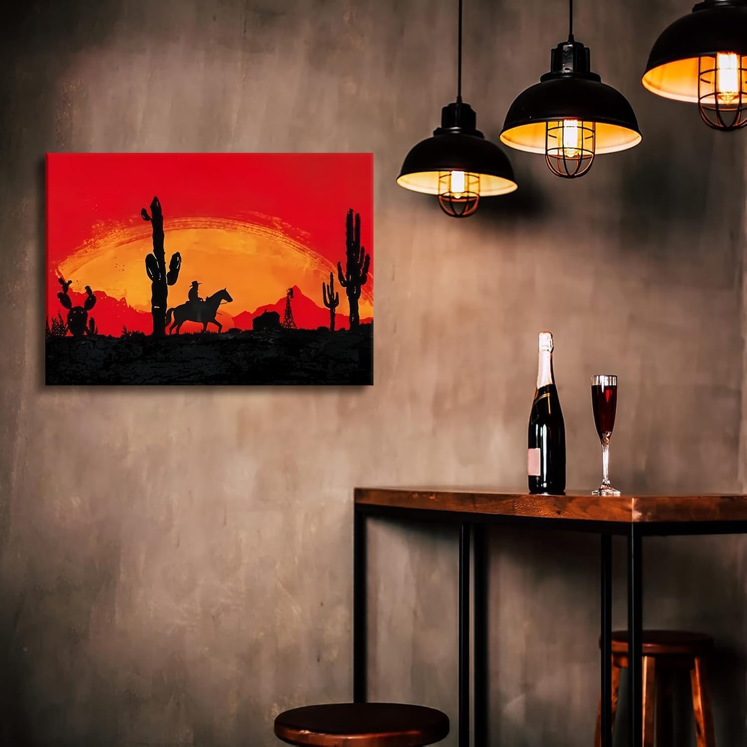 Western Cowboy Canvas Wall Art Red Sunset Wall Decor Desert Wilderness Cactus Painting Vintage Rustic Southwestern Prints Horse Riding Aesthetics Posters Modern Trendy Farmhouse Pictures Framed