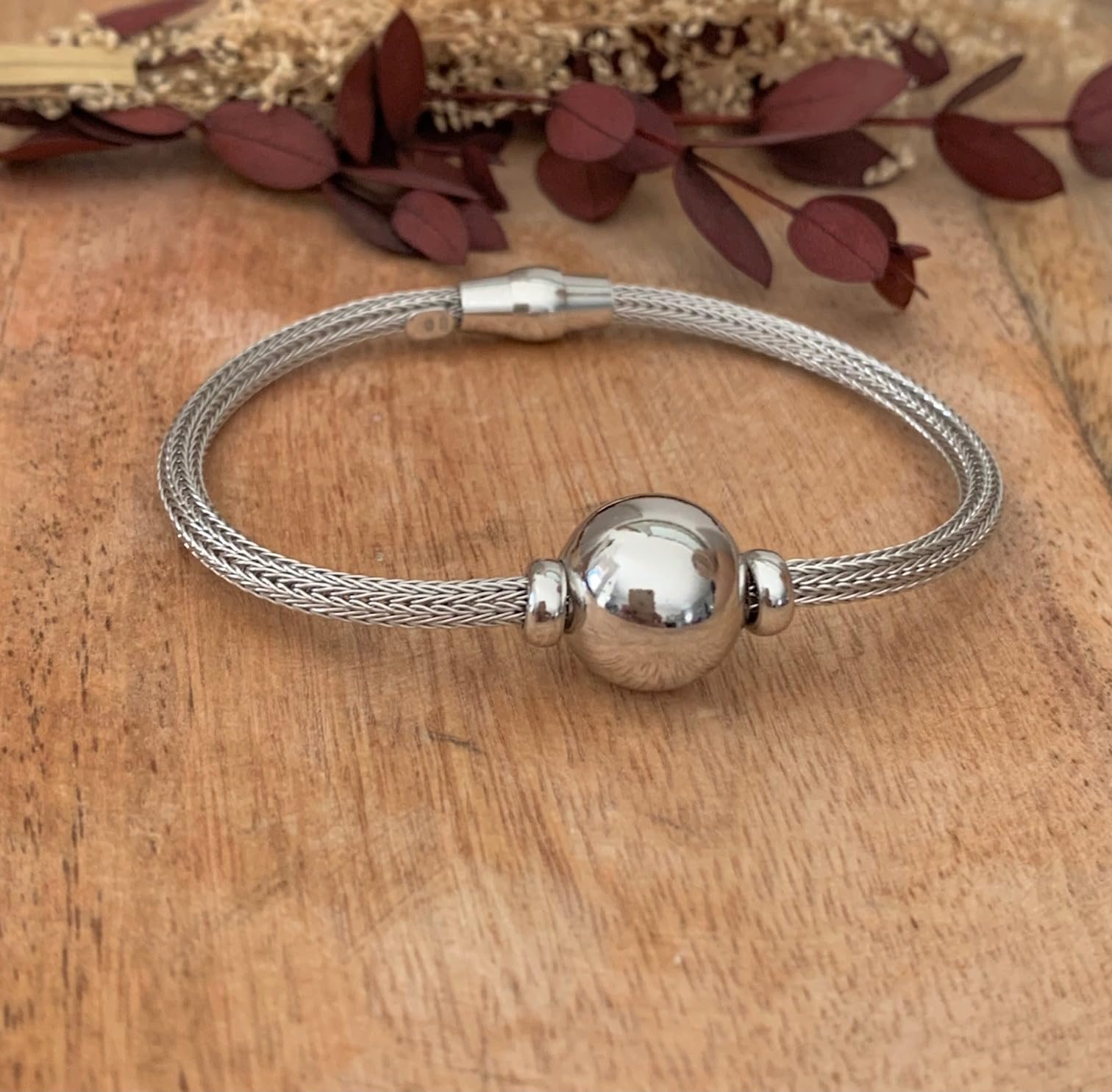 Bracciale a maglia palma con sfera in argento 925 rodiato - CPL, Taglia unica, Argento sterling Metallo Argento