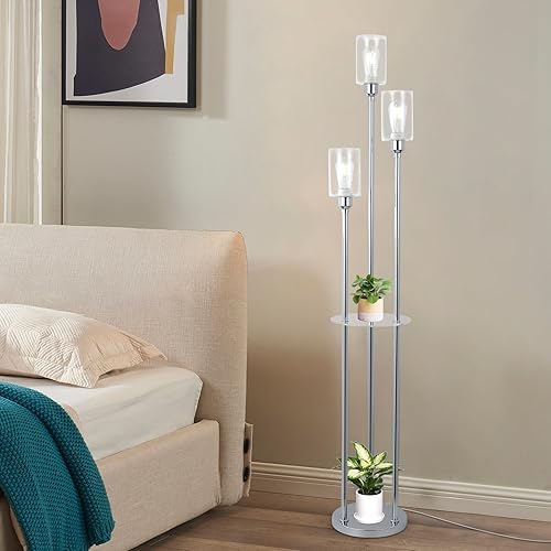 Miniatura 7 de HMVPL Lámparas de pie modernas para sala de estar, lámpara de pie plateada para dormitorio con estantes acrílicos, lámpara de pie cromada de 3 luces