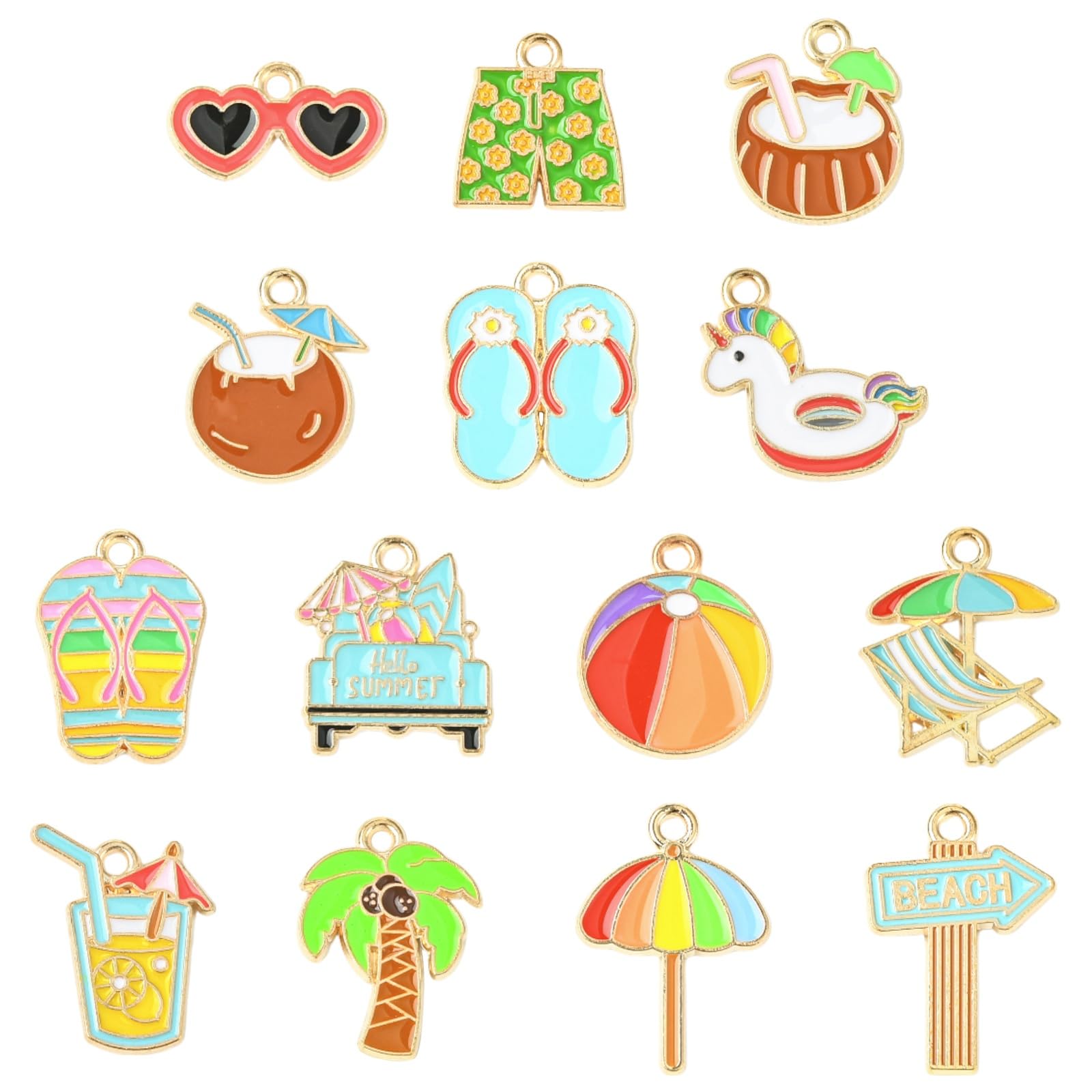 Stiesy 70Pcs Summer Beach Charms Enamel Coconut Tree Sunglasses Umbrella Metal Charm Bulk Flip Flops Pendant for Jewellery Making Crafts DIY Bracelets Necklace Earring