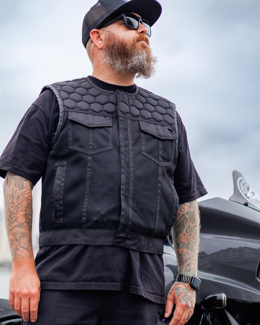 First Mfg Co Hornet Men’s Motorcycle Premium Leather Vest, Beehive Stitch, Rolled Collar, Honeycomb Quilted Top, YKK Zippers