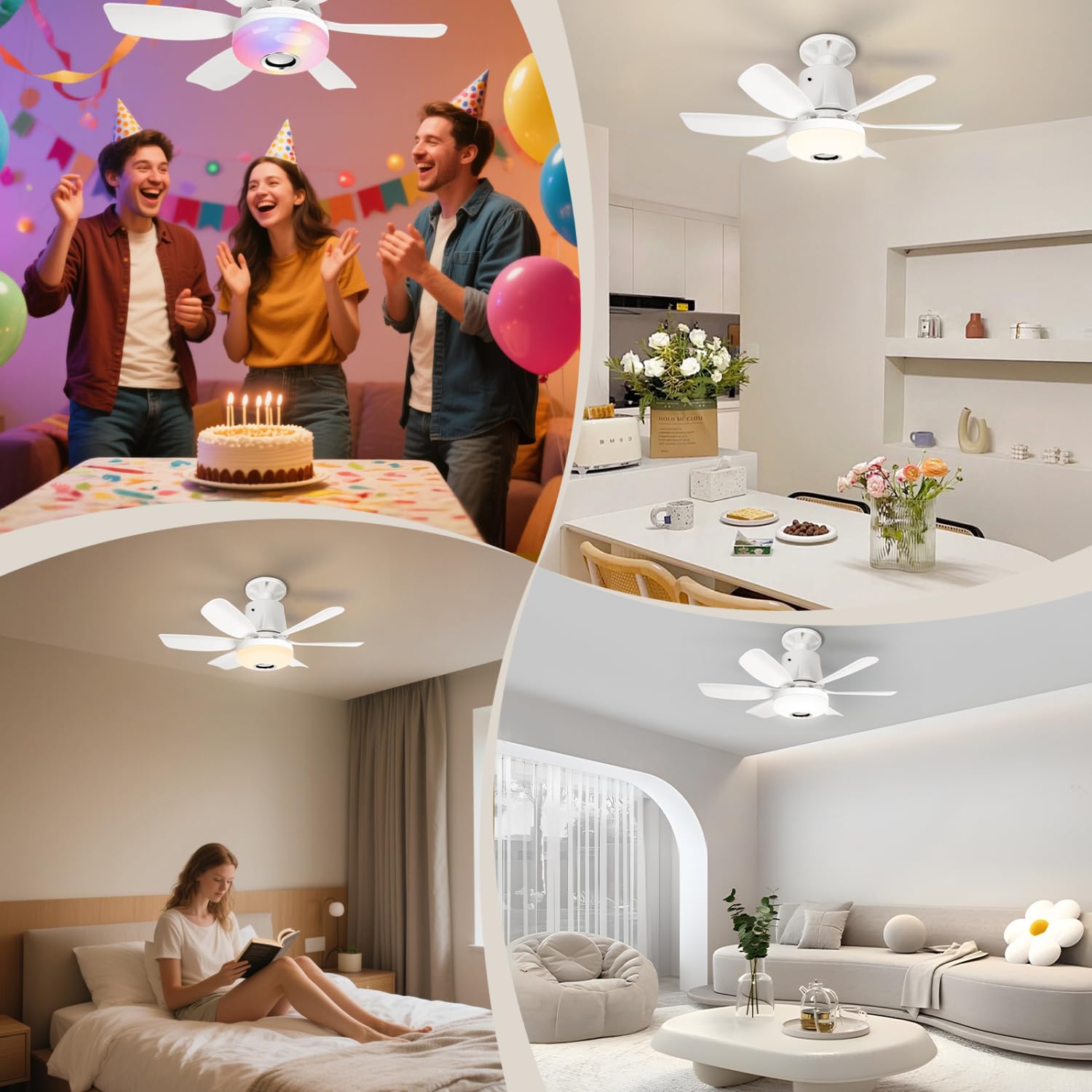 Ventilatore da Soffitto con Luce e Telecomando E27, Con altoparlante, Dimmerabile Plafoniera LED 3000-6500K, Luce ambientale RGB, timer, silenzioso per Camera da Letto, Soggiorno, Cucina