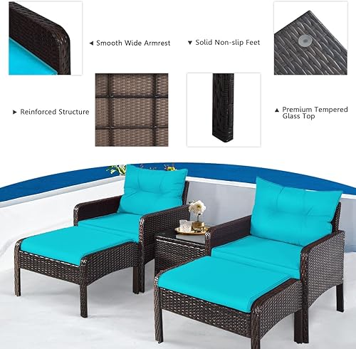 Miniatura 2 de Toolsempire Juego de muebles de patio de 5 piezas, sillas de mimbre de ratán para conversación al aire libre con 2 otomanas y mesa de centro de