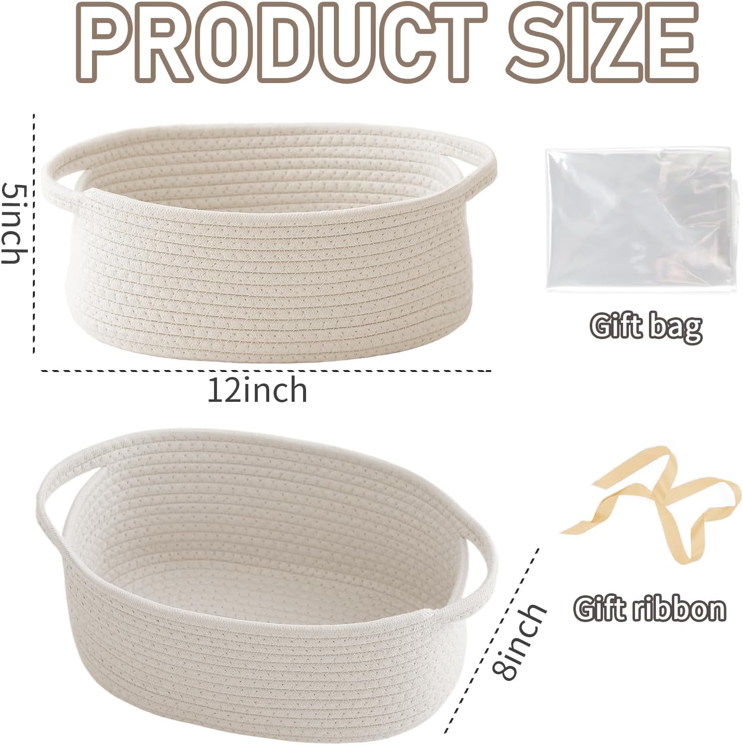 JMvicyroam Woven Basket,Small Rope Storage Bin with Handles & Ribbon Bag, Organizer for Shelves Closets,Gift Basket Empty for Birthday,Books,Dog Toys,White White 1 Pack