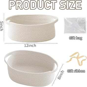JMvicyroam Woven Basket,Small Rope Storage Bin with Handles & Ribbon Bag, Organizer for Shelves Closets,Gift Basket Empty for Birthday,Books,Dog Toys,White
