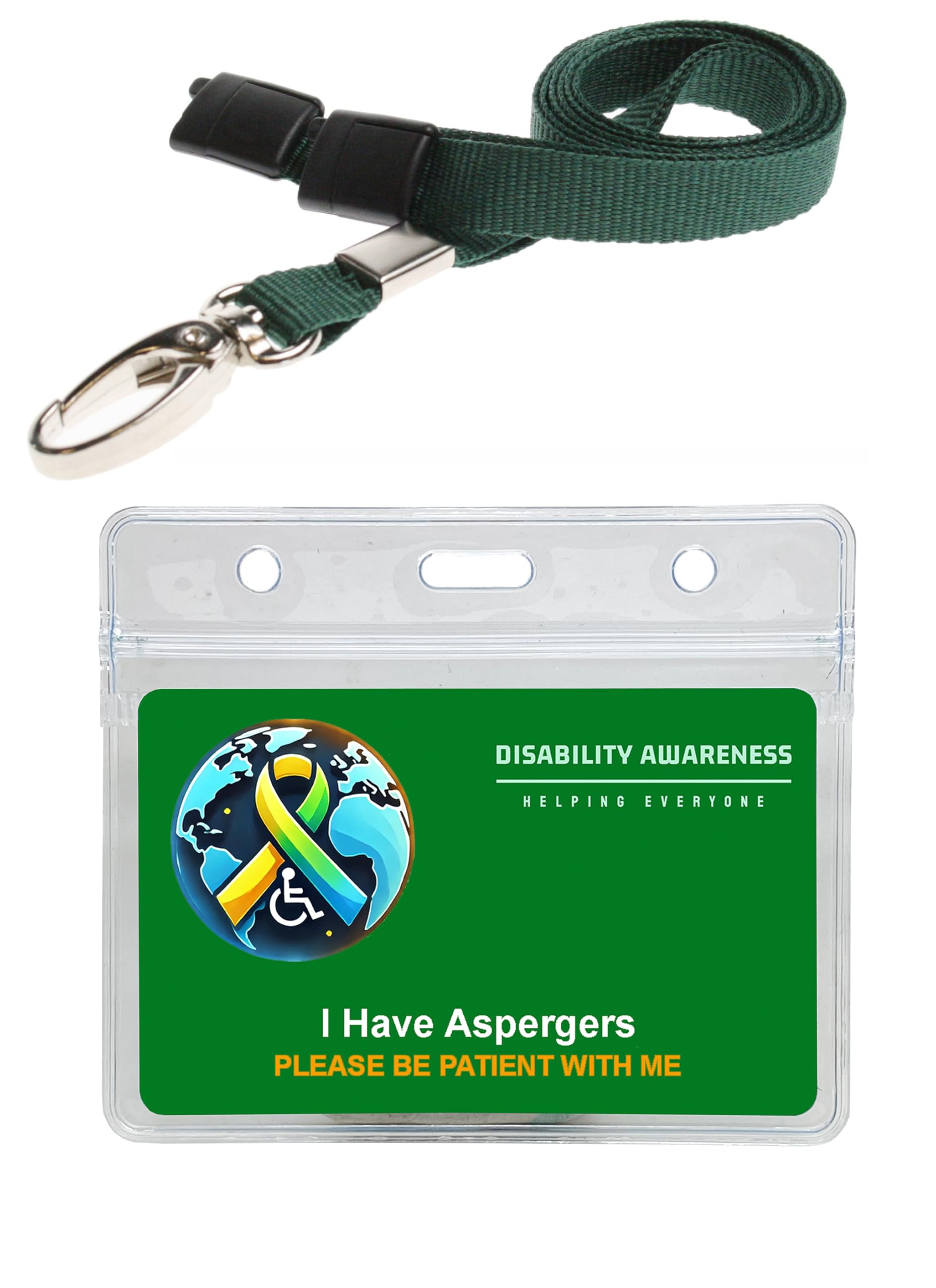 Aspergers Green Hidden Disability Awareness Card Covering The World with Green Lanyard & Clear Waterproof Pocket & Contact Details — image 1