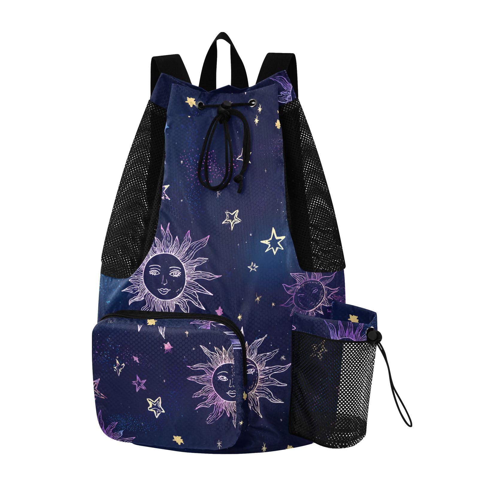 OWFKAY Mystic Sun Moon Stars Beach Drawstring Backpack Mesh Swimming Bag for Men Women Swim Gym with Waterproof Wet Pocket Packable Sports