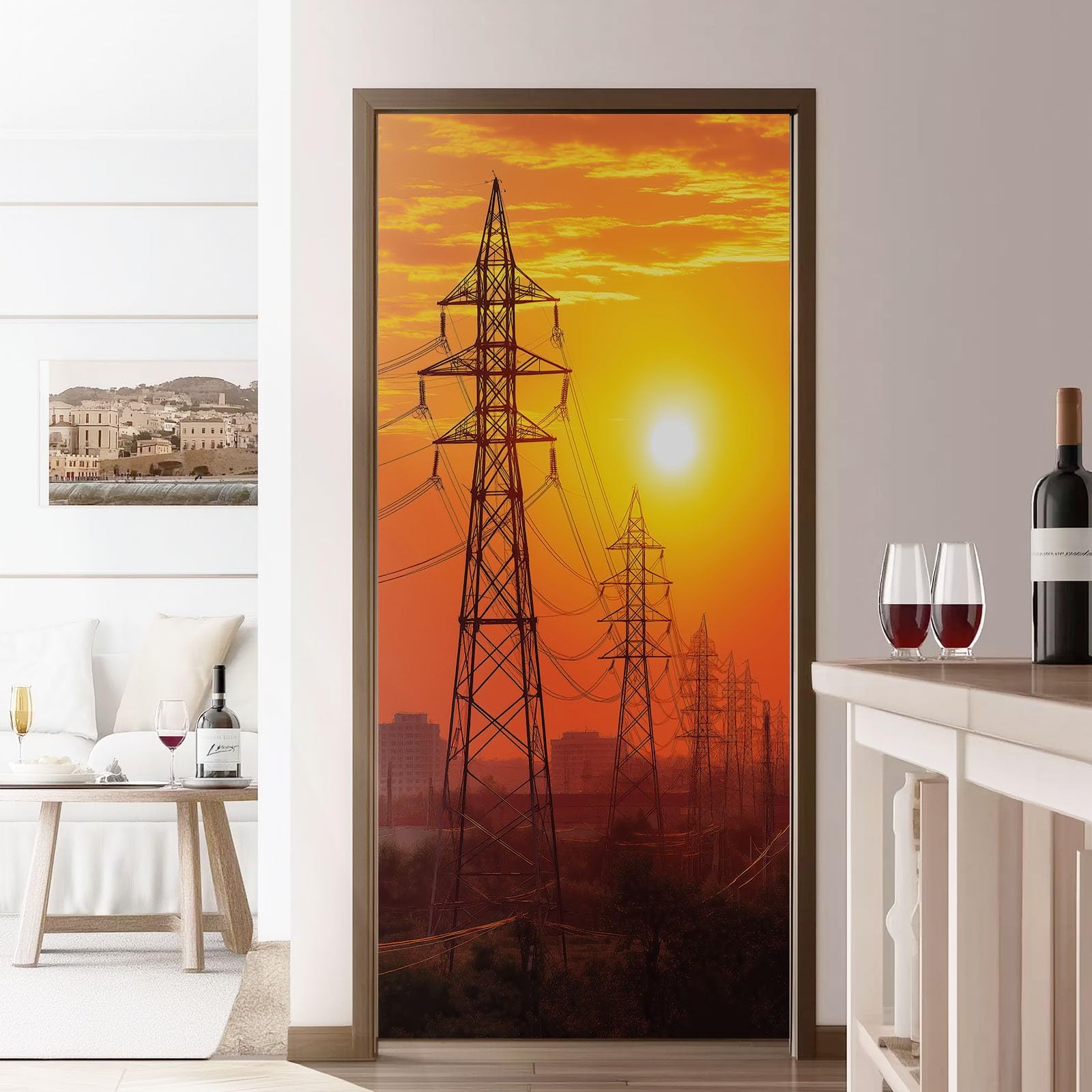 Adesivo per porta in stile moderno, motivo torre con tramonto naturale, in PVC, impermeabile, rimovibile, con buccia d'arancia, per camera da letto, soggiorno, decorazione per la casa, 95 x 210 cm