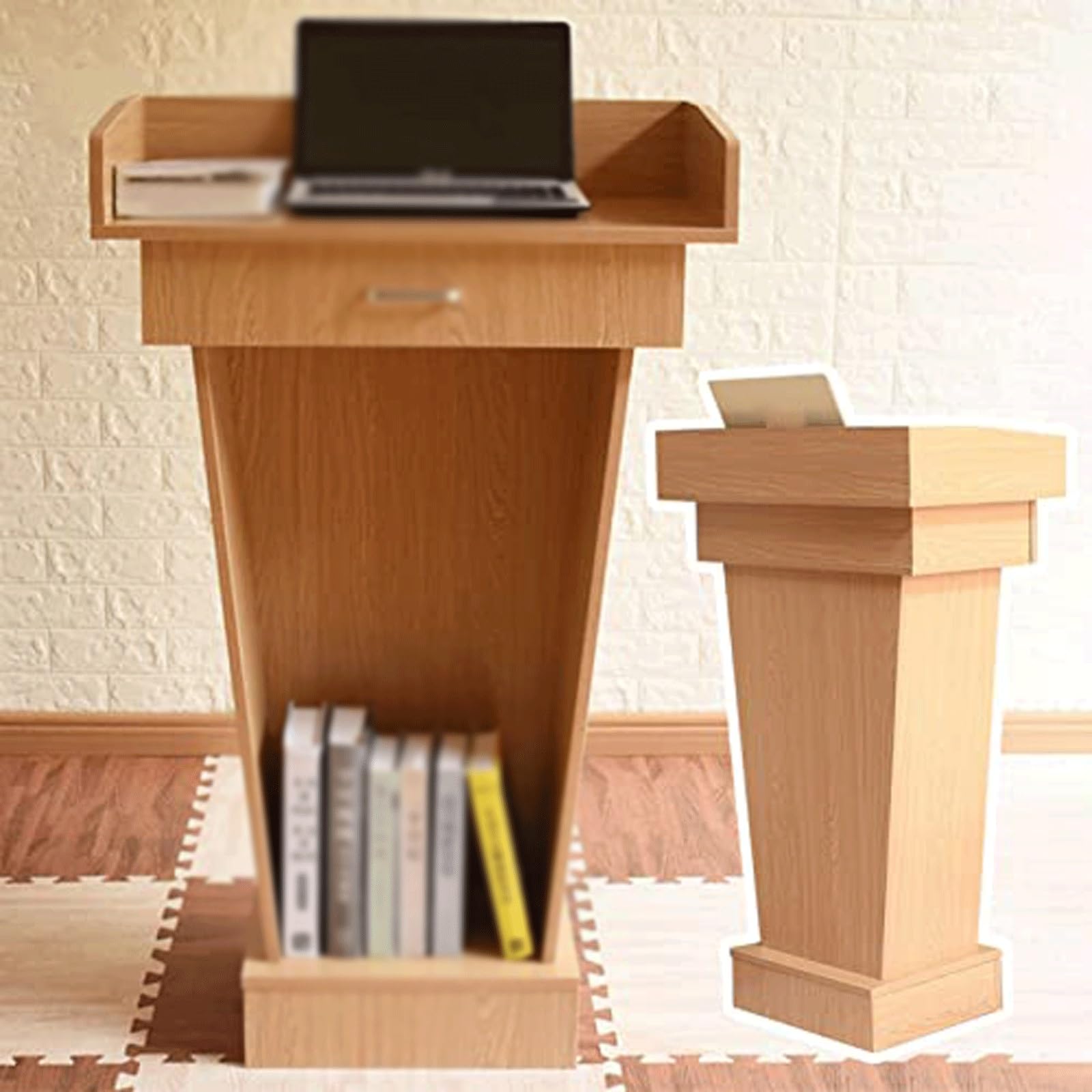 Pupitre en Bois, Support de Sol, pupitre d'église, Bureau avec tiroir de Rangement | Pupitre de présentation sur pied for hôtesse avec tiroir et rangement ouvert