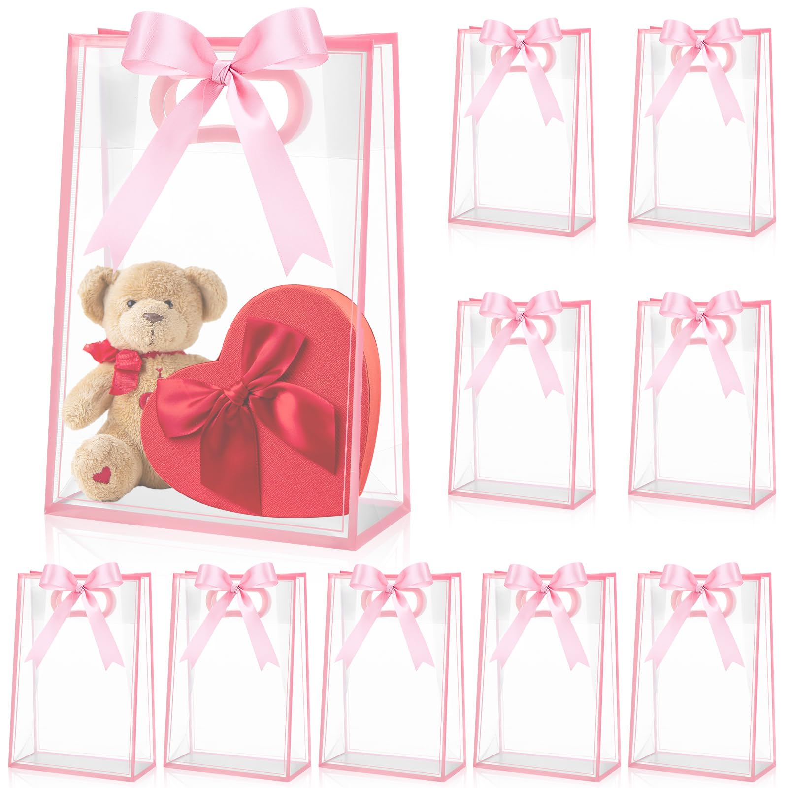 Aliceset 12 Pcs Clear Plastic Gift Bag with Die Cut Handle Reusable PP Favor Bag with Ribbon for Graduation Wedding Bridal Birthday Baby Shower Party Small Business,10x7x3.15in (Pink) โ image 1