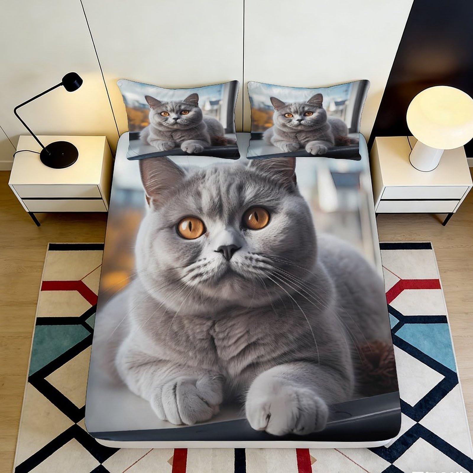 3D Printed Gray Cat Fitted Sheet Microfiber Soft Breathable Realistic Cat Face Bed Cover for Bedroom Guest Room Dormitory Mattress Protection 180x200x25cm
