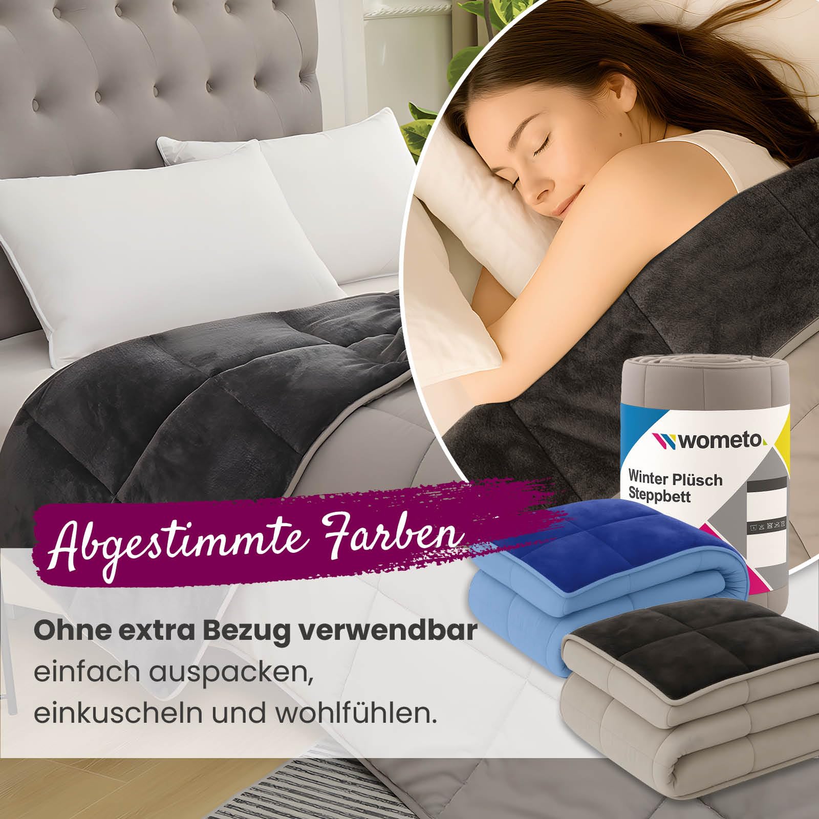 wometo 4-seizoenen dekbed omkeerbaar design ca. 155 x 220 cm (2 dekbedden, 3-in-1) - grijs en lichtgrijs - warm winterdekbed licht zomerdekbed I