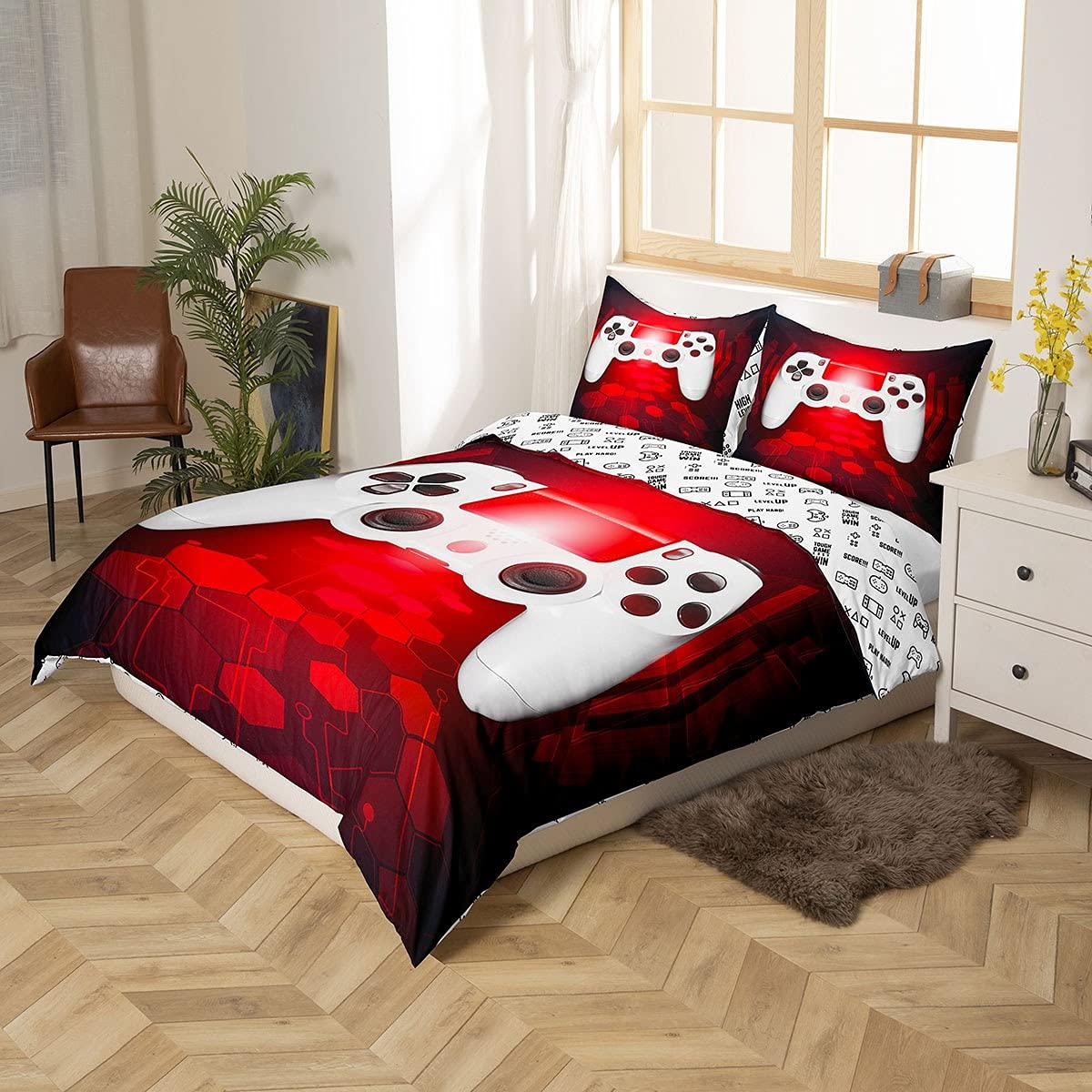 Juego de para niños y Color Rojo y Blanco con Botones de acción para Videojuegos, Juego de Cama para niñas, Juego de Cama Doble