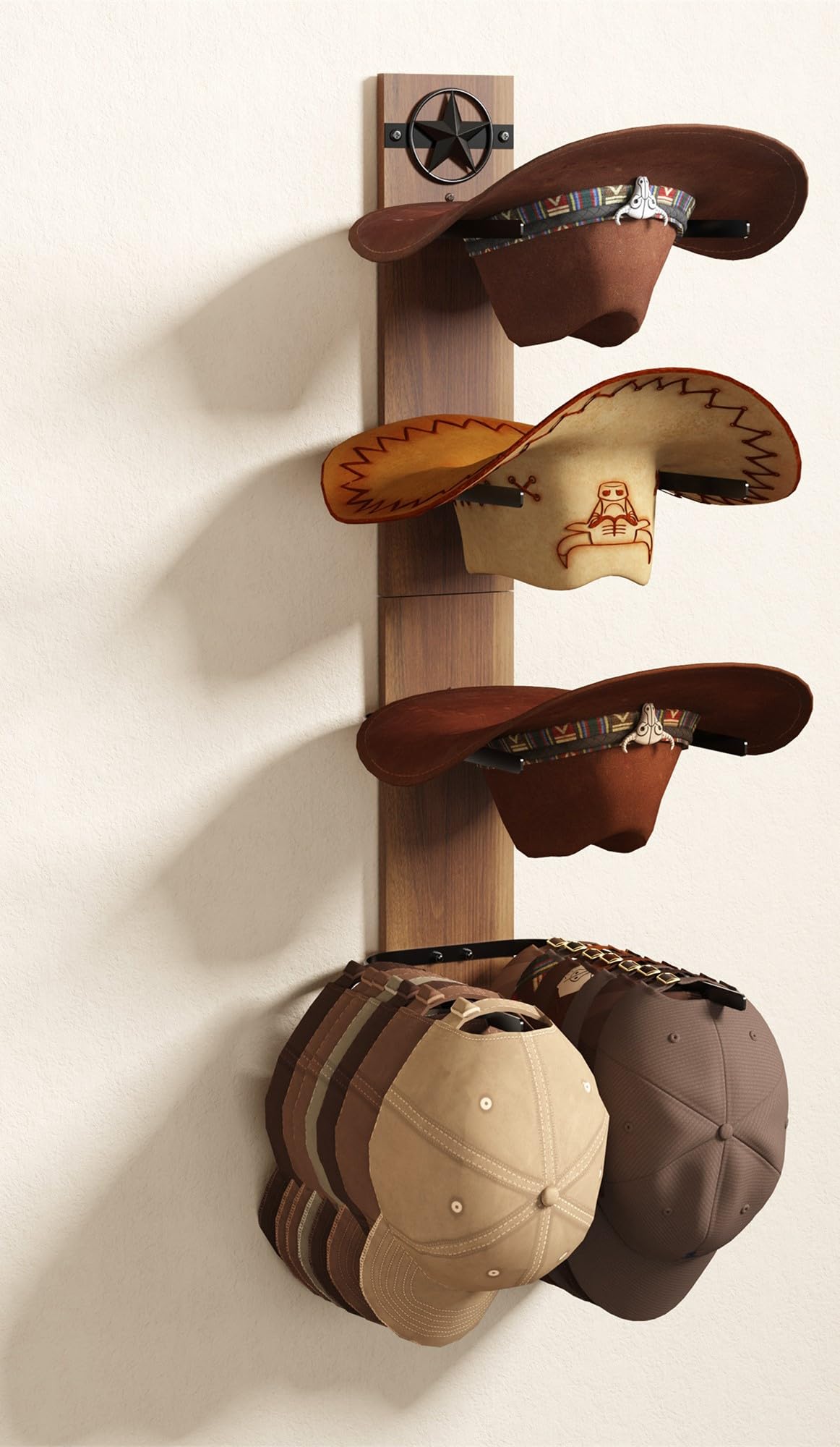 TIPSYTREE Cowboy Hat Rack, 4-Piece Wall Hat Holder with Rustic Wooden Board, Stainless Steel, Brown, Organizes 6 Hats, Easy to Install, Space Saving, Modern Rustic Style