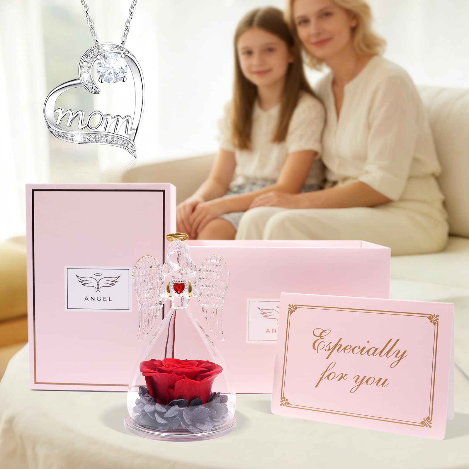 Miofula Regalos Dia de la Madre, Rosa Eterna con Collar Plata de Ley 925,Regalos Originales para Madres, Flores Preservadas Ángel Figura Regalo para Mujer Mama Abuela, Regalo Madre Cumpleaños Navidad