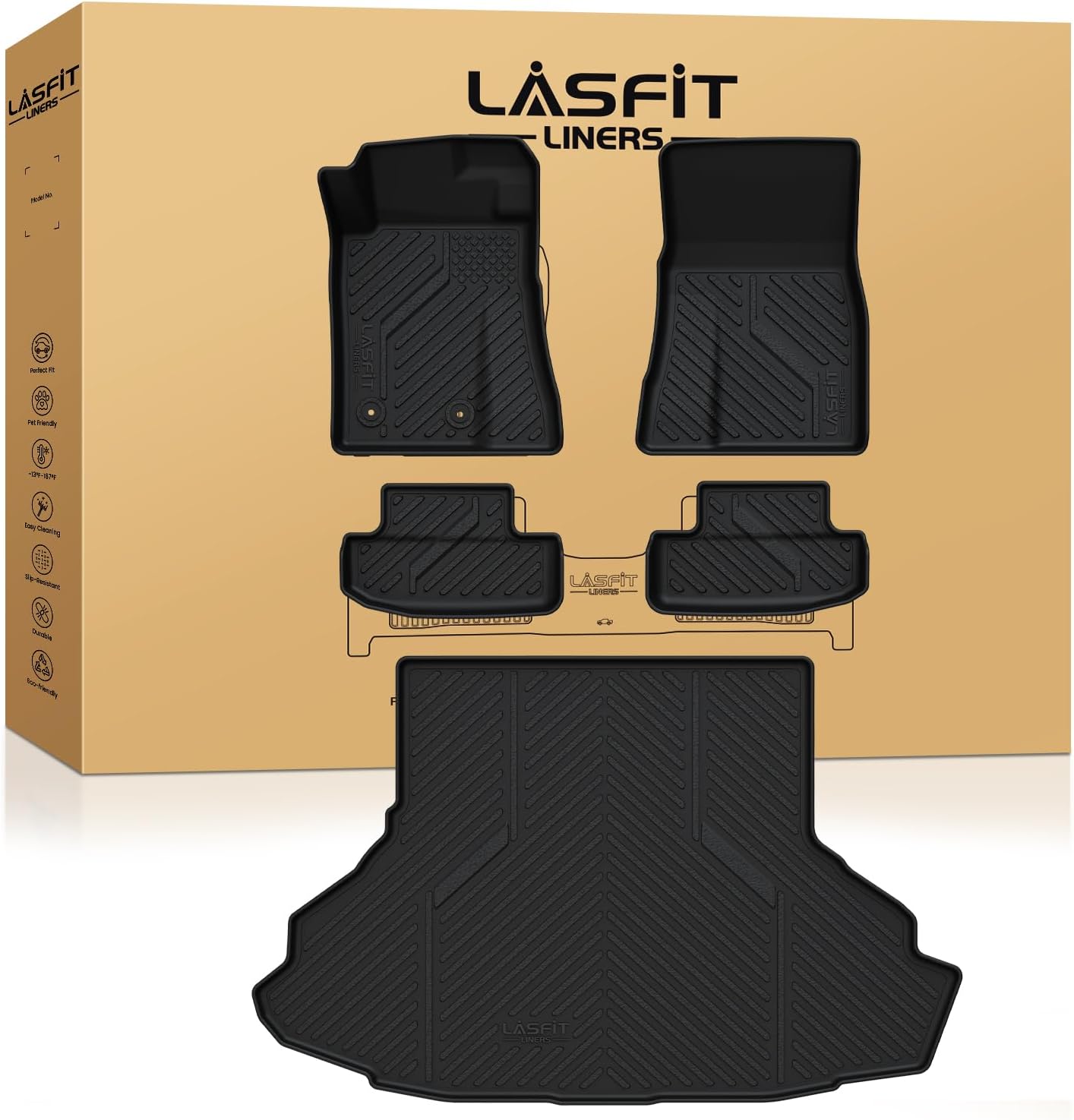 LASFIT Floor Mats and Cargo Mat for Ford Mustang 2024 2025 2026 (NOT fit w/o Subwoofer Box) All Weather Protector TPE Car Floor Liners, 1st & 2nd Row & Trunk Liner, 5pcs Black