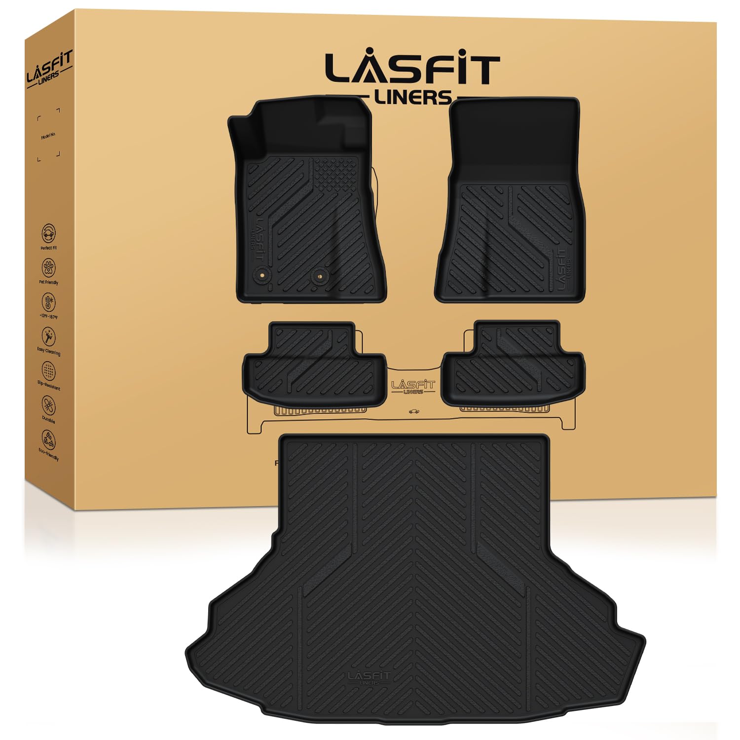 LASFIT Floor Mats and Trunk Mat for Ford Mustang 2015-2025 (Cargo w/o Subwoofer Box) All Weather Protector TPE Car Floor Liners, 1st & 2nd Row & Cargo Liner, 5pcs BlackGlobal Recycled StandardGlobal Recycled StandardGlobal Recycled Standard