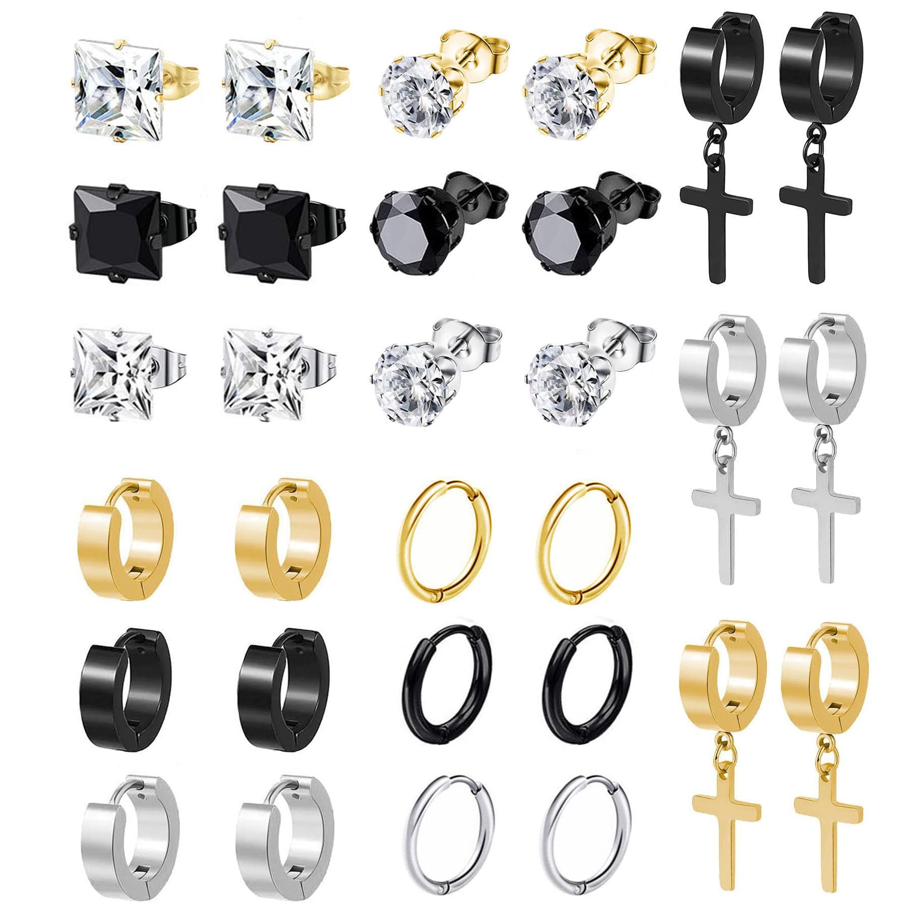 BVLAGIDA 15 Pares Pendientes Hombre Acero Inoxidable Pendientes Colgantes con Cruz Pendientes de Circón Pendientes Aro Plata/Negro/Oro para Hombre Mujer
