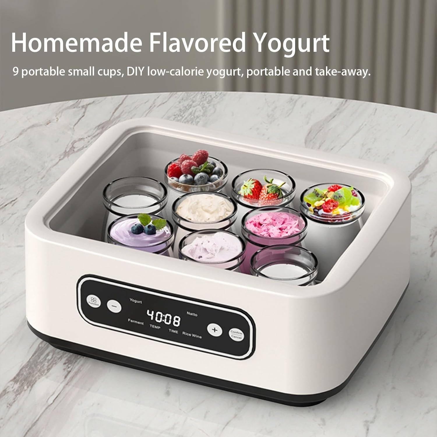 Yogurtera,1600ml Temperatura Constante Yogurtera con 9 Tarros De Vidrio, Pantalla LED + Control De Tiempo,para Yogur, Queso, Vino De Frutas