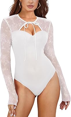 Pasgreson Women's Sexy Lace Sheer Mesh Bodysuit Long Sleeve See Through Going Out Tops Party Night Out Romper Club Outfits