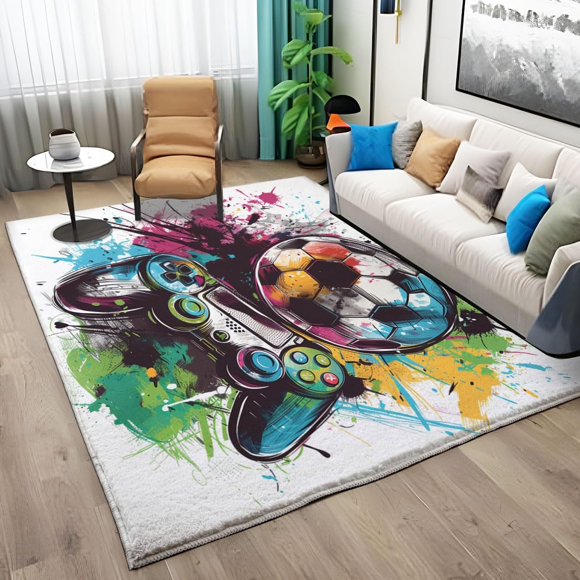 Gamer Teppich jugendzimmer Jungen kinderzimmer Junge 120x170 cm rutschfest Waschbar, Fussball Teppich Graffiti Game Druck weißWohnzimmer Weiß Läufer (White,120 x 170 cm)