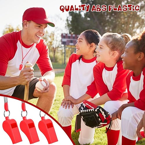 Miniatura 6 de Honoson 100 silbatos de emergencia con cordón, silbato de seguridad de plástico fuerte y nítido silbato de supervivencia para salvavidas, defensa