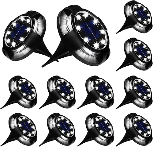 Luces solares de suelo para exteriores, 12 paquetes de 12 luces LED de disco alimentadas por energía solar, impermeables, nuevas luces en el suelo