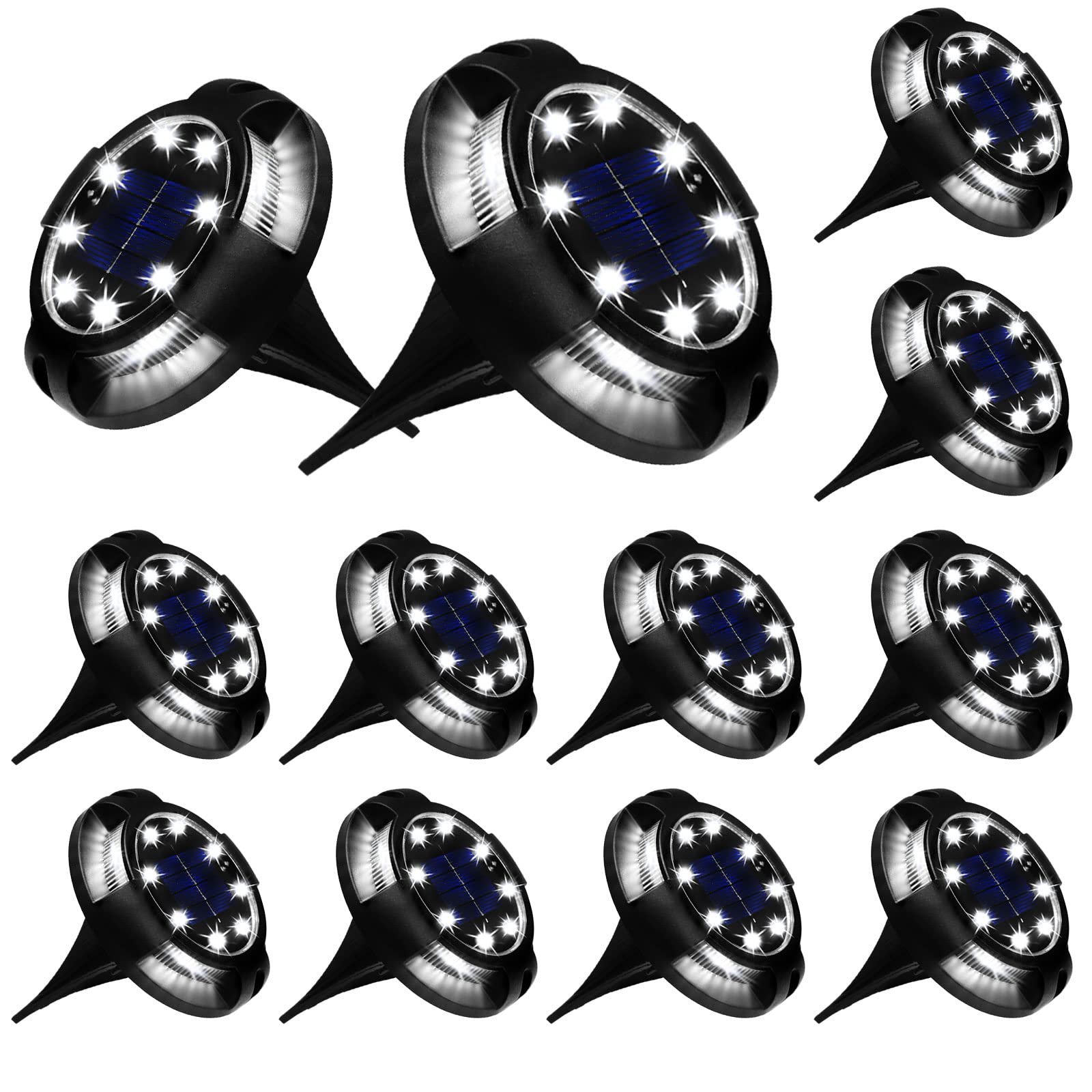 12 luci solari da esterni 12 confezioni da 12 luci a disco a LED ad energia solare impermeabili per giardino terrazza scale prato vialetto vialetto cortile decorazione (luce bianca 12 pezzi)