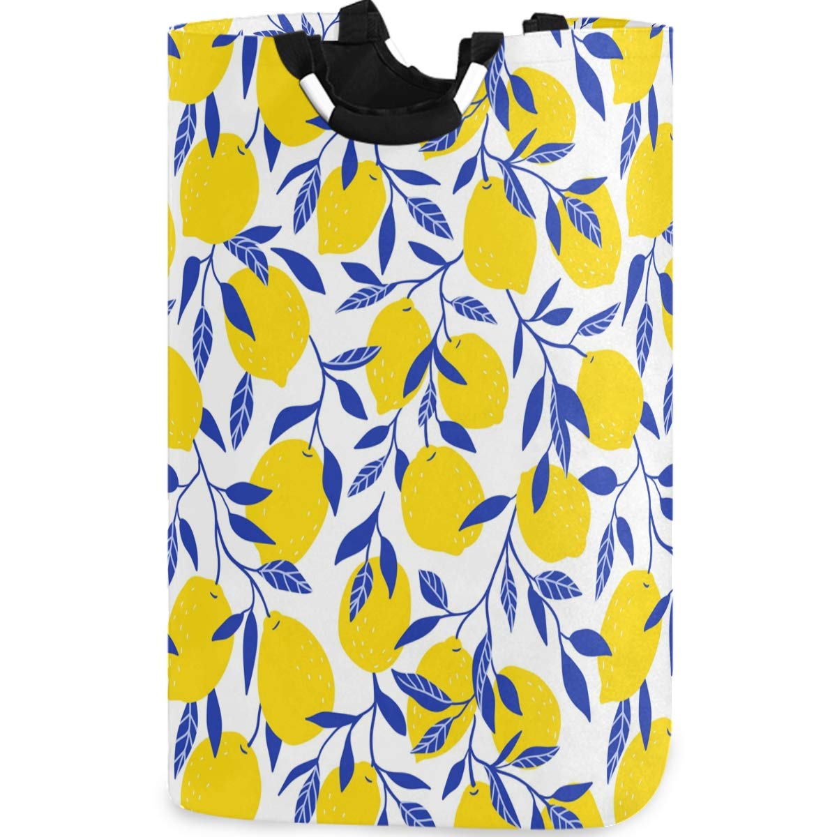 visesunny Collapsible Laundry Basket Yellow Lemon with Blue Leaf Large Laundry Hamper with Handle Toys and Clothing Organization for Bathroom, Bedroom, Home, Dorm, Travel