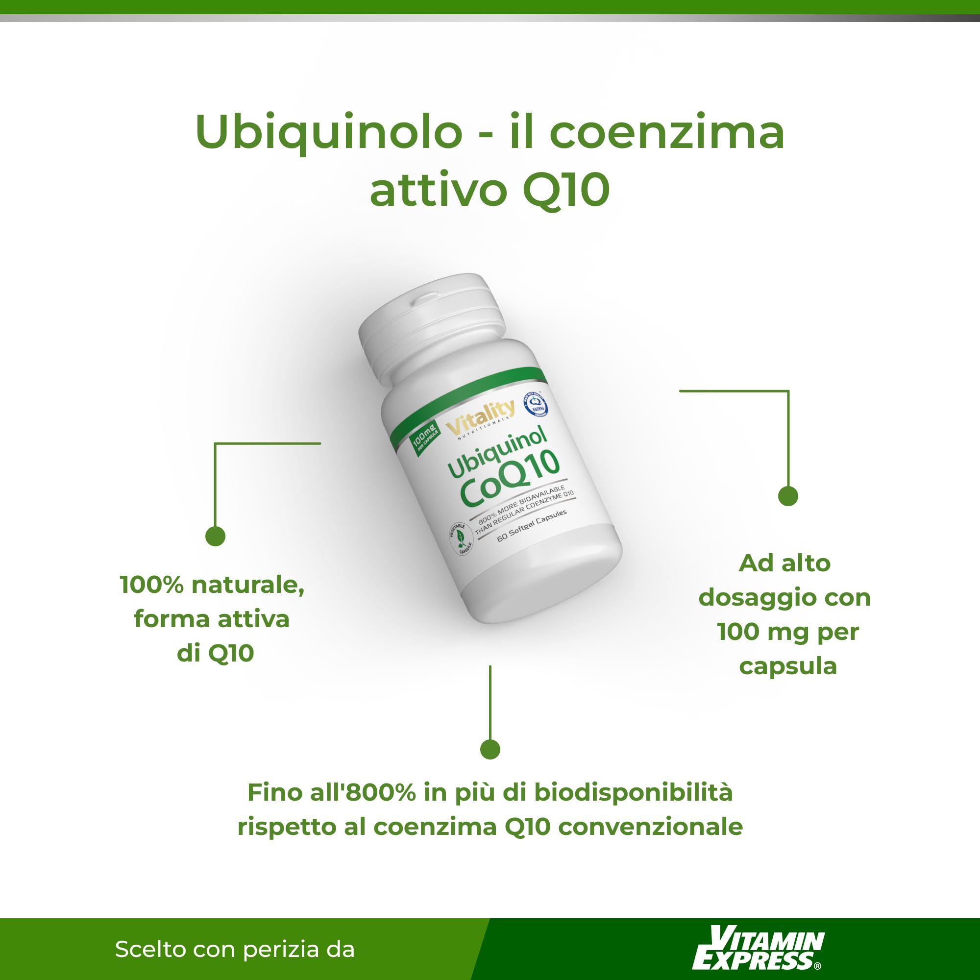 Vitality Nutritionals Coenzima q10, Ubiquinolo fino all'800% più biodisponibile del normale CoQ10, 100 mg di ubichinolo. Senza additivi. Energia Antiossidanti Anti-invecchiamento. Ubiquinol CoQ10