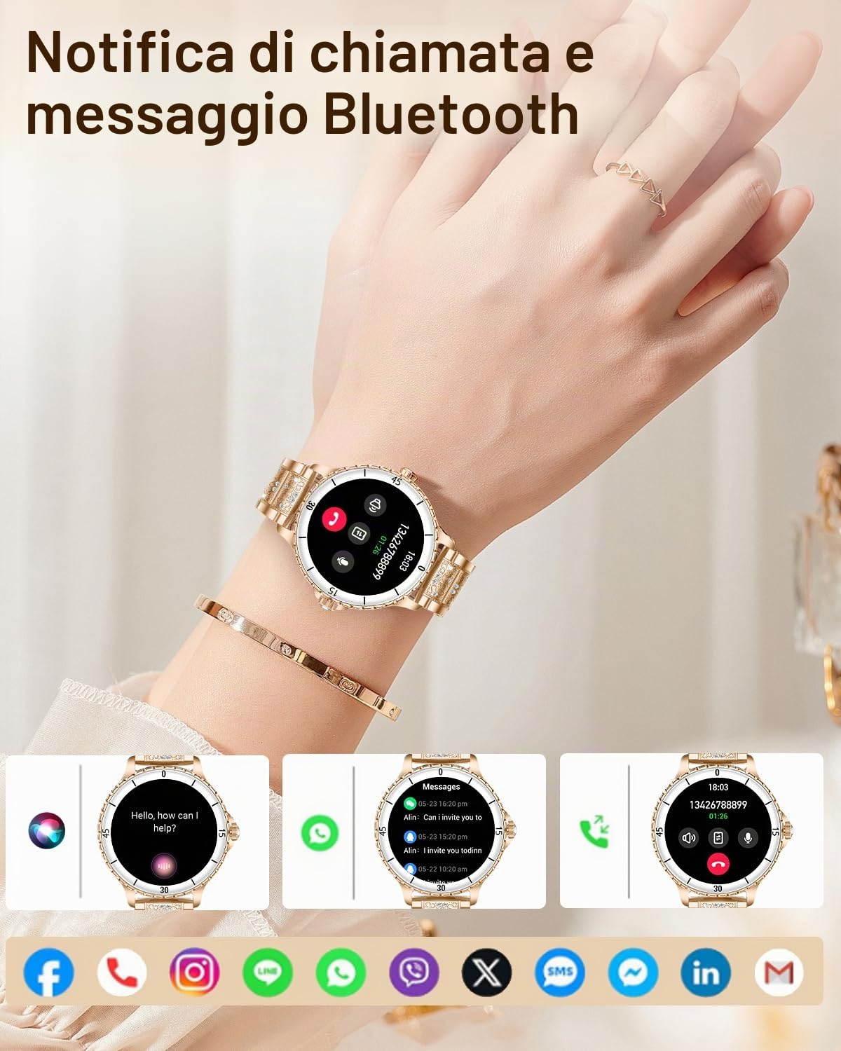 Smartwatch Donna Chiamate Bluetooth, 1.27" Orologio SmartWatch Rotondo con Cinturino di Diamante, Compatibile Android/iOS, IP68 Impermeabile Fitness Trackert con 120+ Sportive, Sonno, SpO2, Oro Rosa