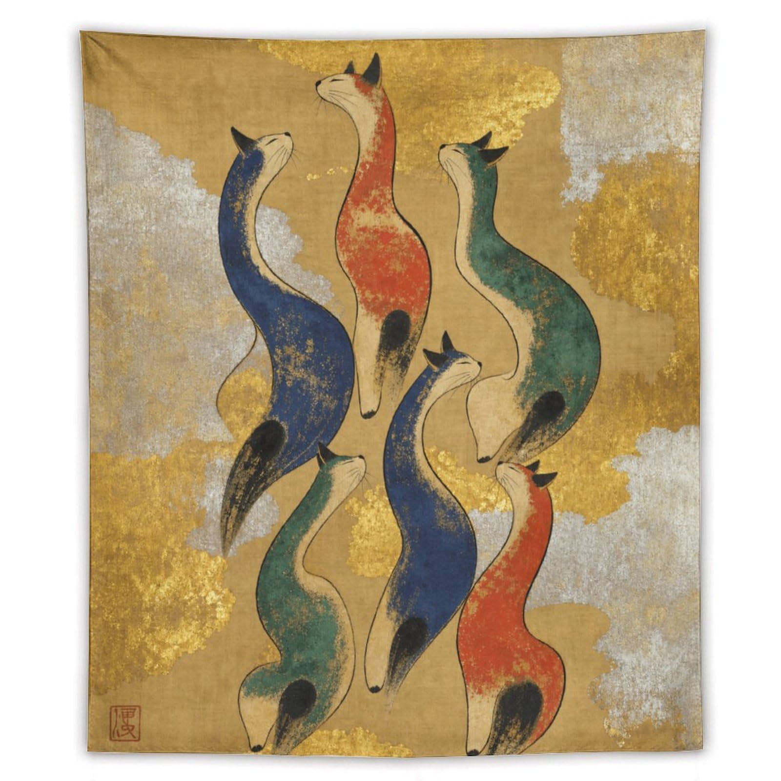 W7C8U2X3 Three Colorful Cats Wall Tapestry, Realistic Illustration Style