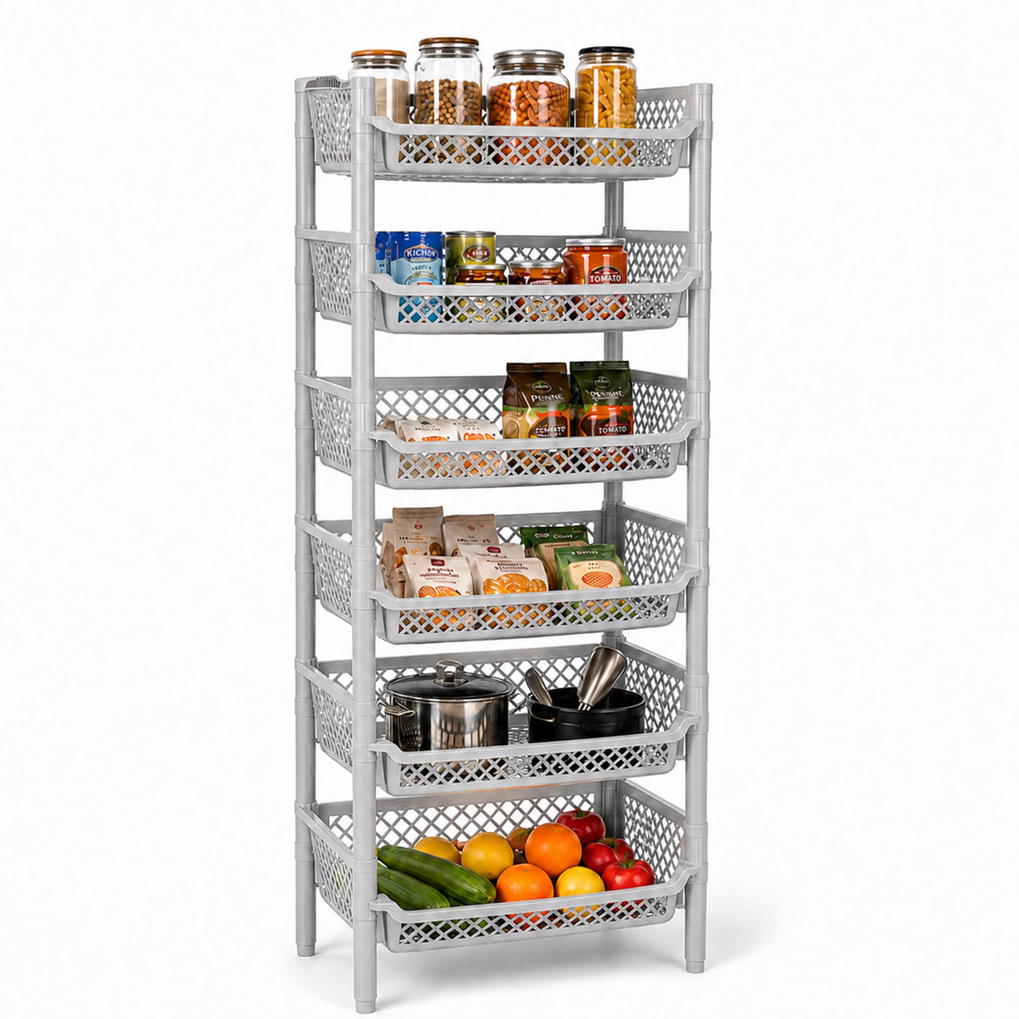 ARTECSIS® Korbregal aus Kunststoff mit 6 Regal-Etagen stapelbar & modular erweiterbares Stecksystem grau (schmal) - Kellerregal & Vorratsregal für Lagerung - Abstellraum Steckregal & Lagerregal