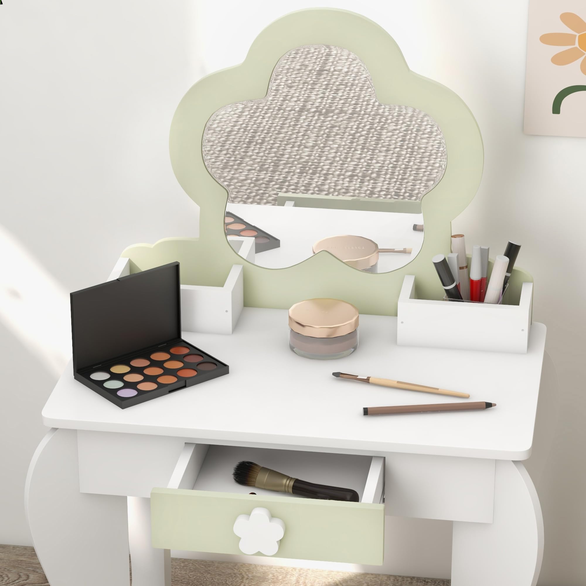 ZONEKIZ Tocador para Niñas con Espejo y Taburete Tocador de Maquillaje para Niñas de 3-6 Años con 2 Cajas y 1 Cajón 55x34x87,5 cm Blanco y Verde Pastel