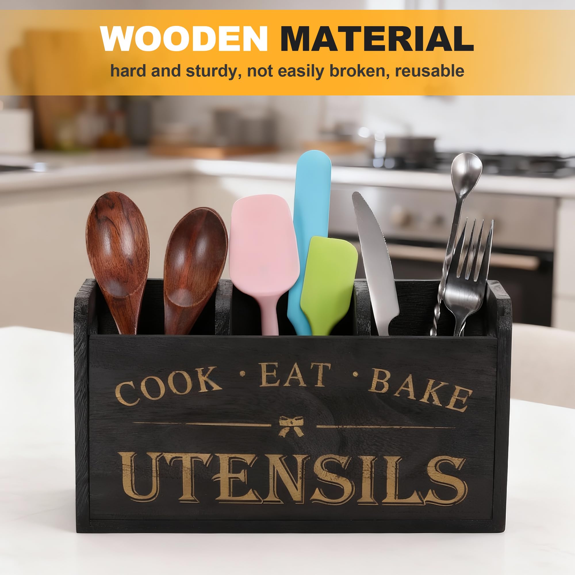 Zocipro Küchen Utensilien Halter aus Holz mit Abflusslöchern, 3 Fächer fester Kitchen Utensilhalter für Küchentheke, Kochwerkzeuge für Bauernhäuser für Arbeitsplatten, Schwarz