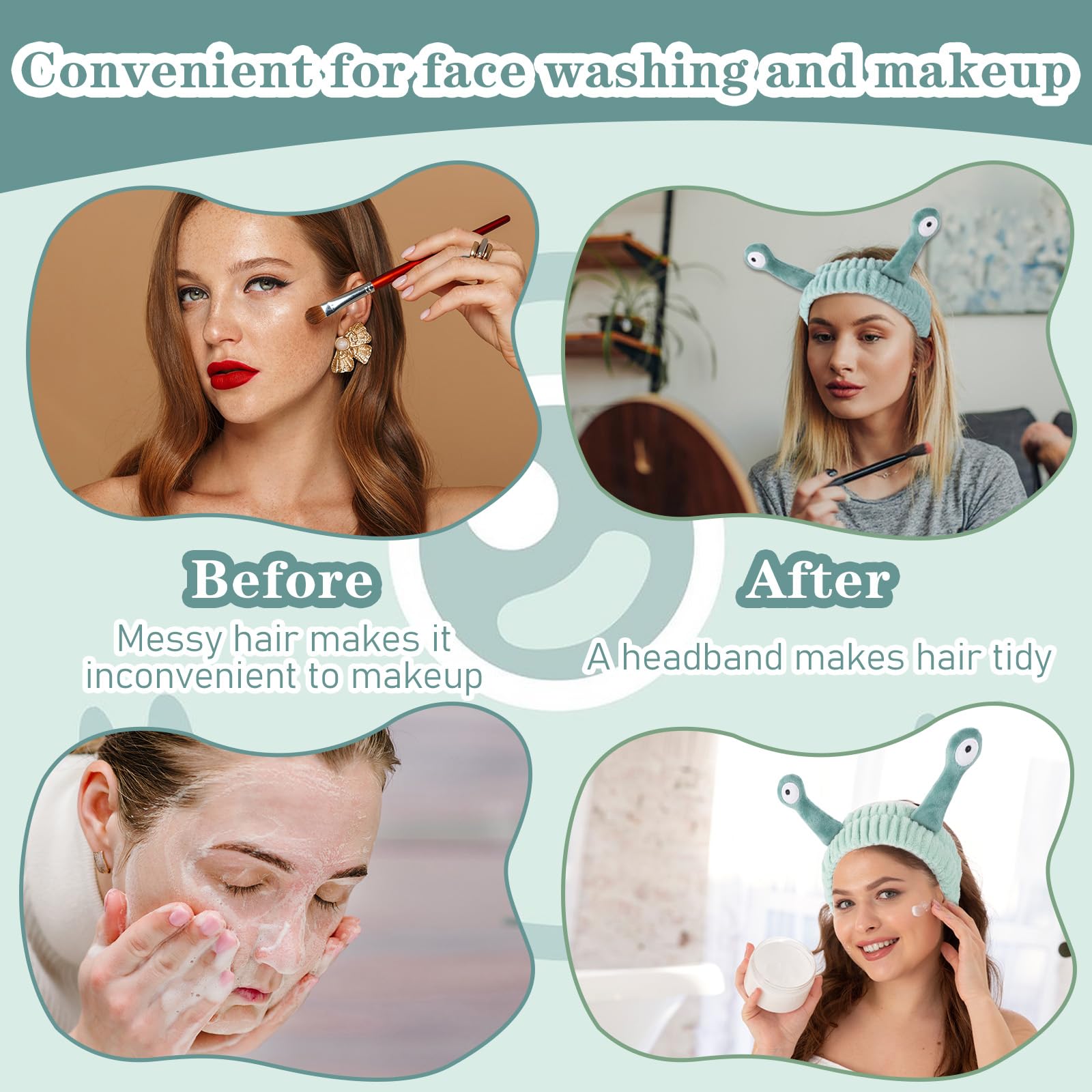 KFHENSOMR 3Pcs Face Wash Headband Snail Spa Hair Bands Cute Makeup Headbands Women Cartoon Creative Hair Accessories Elastic Coral Fleece Fun Gifts for Washing Face Shower Beauty Skincare - Image 4
