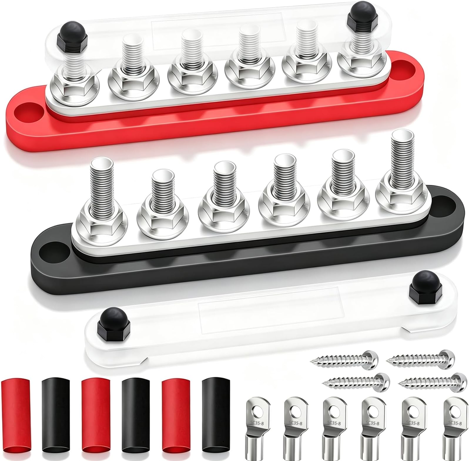 250A Bus Bar 12V Marine 6 x 5/16" (M8) Terminal Studs 12V-48V Power Distribution Block with Cover,with 6PCS Battery Lugs and 6PCS Heat Shrink Tubing Busbar for Boat Automotive Car