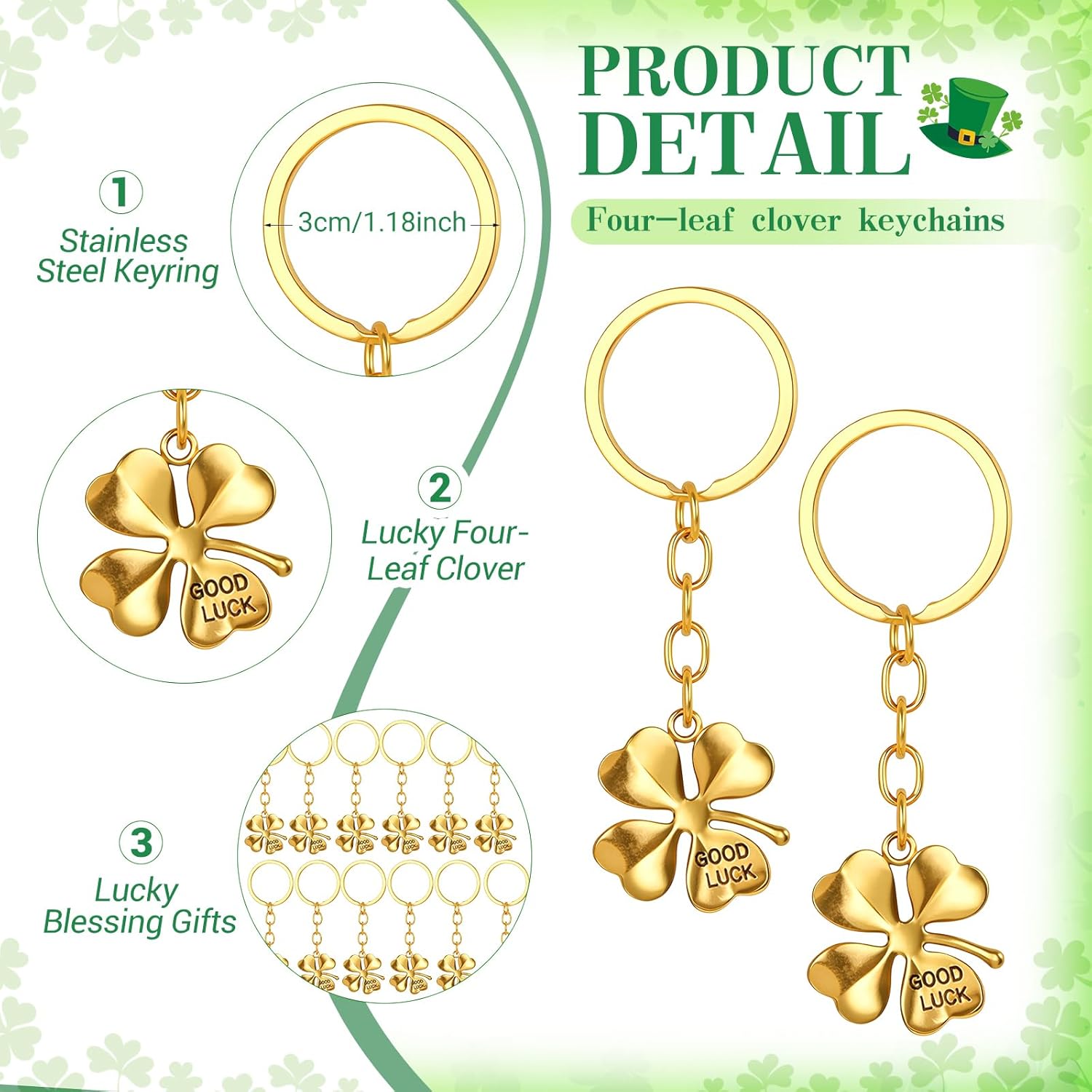 Misdary St. Patrick's Day Gifts Four Leaf Clover Keychains with Irish Blessing Cards Good Luck Ballpoint Pens and Bags