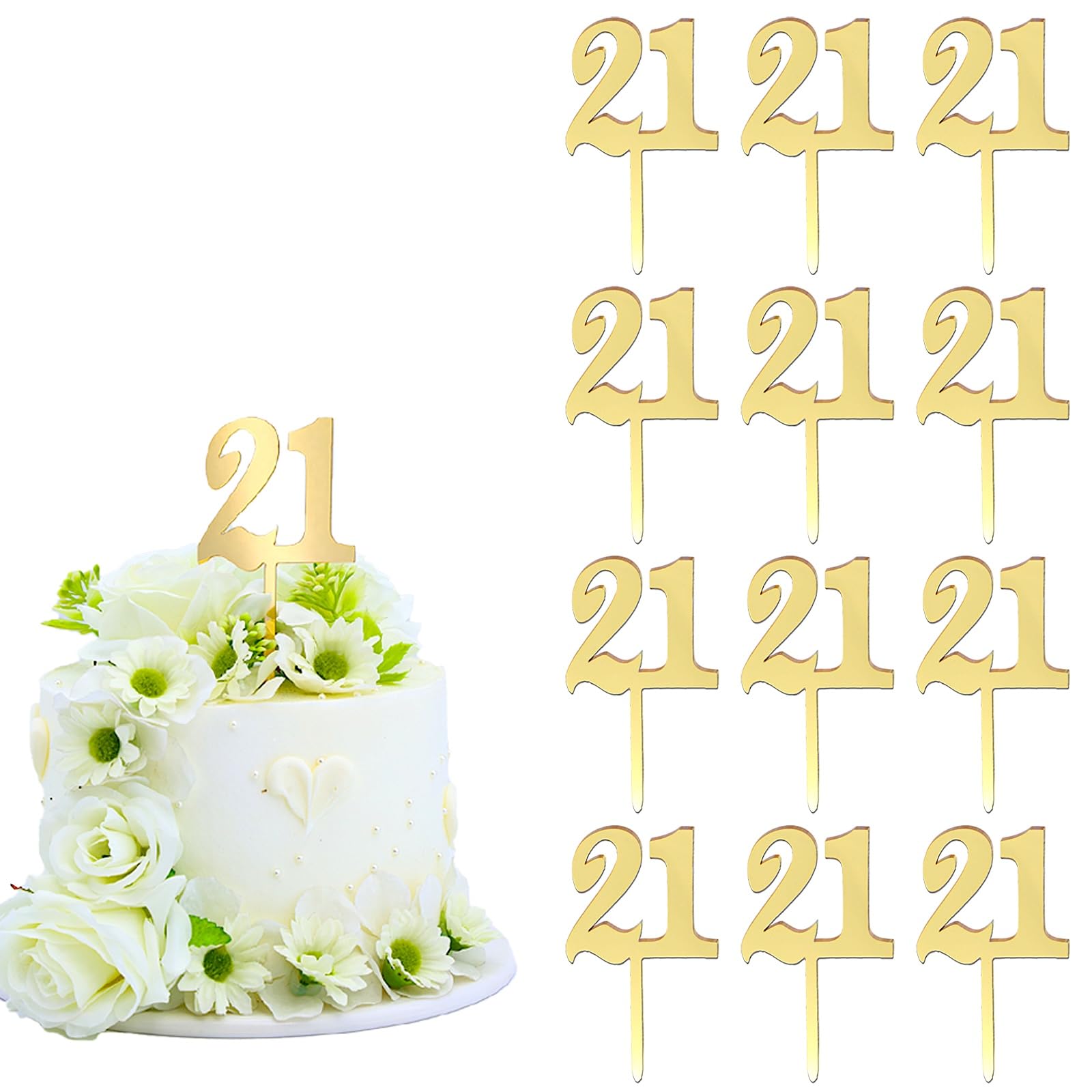 Gold Mirror Number 21 Cake Toppers, 2.36 x 3.93 inches, Set of 12, Acrylic