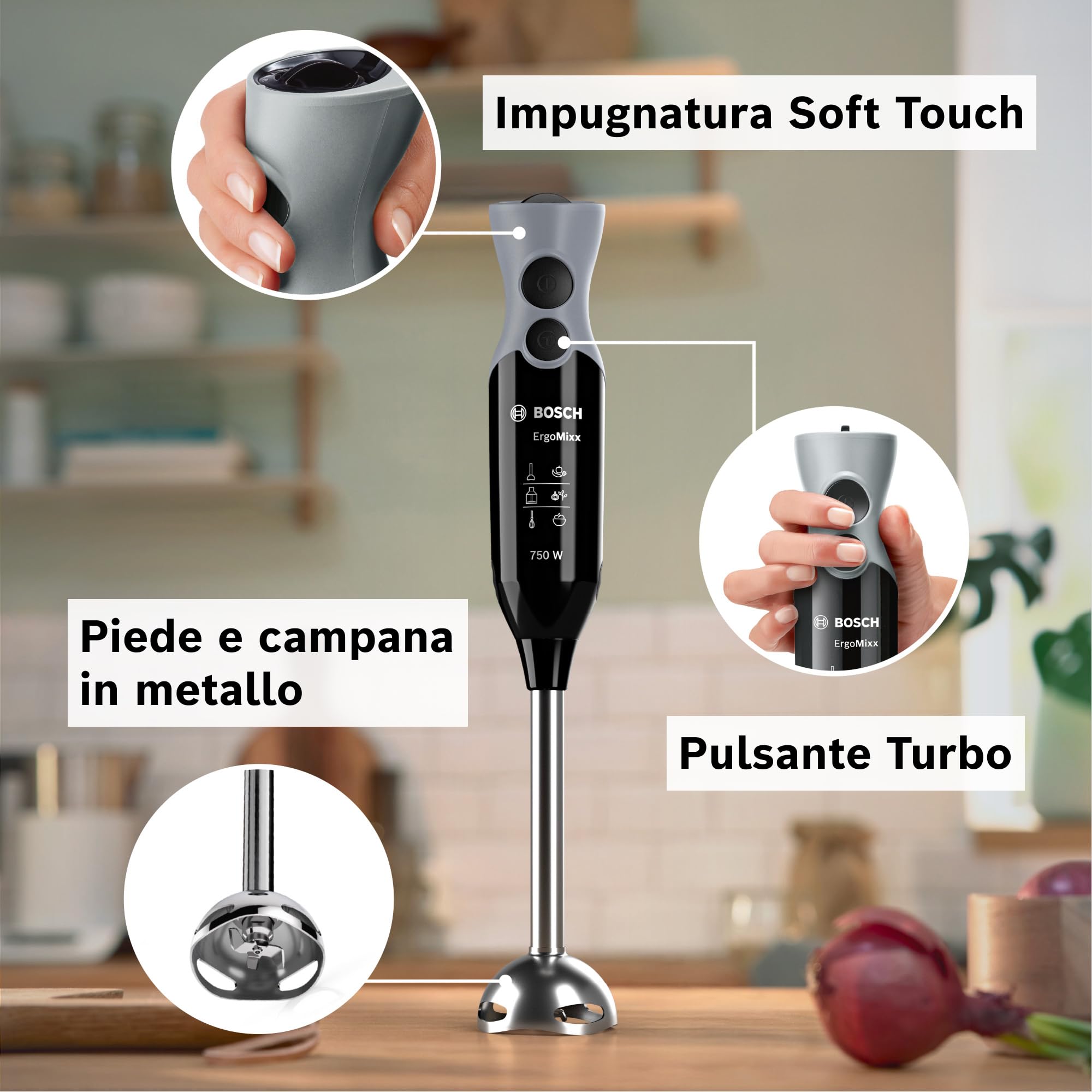 Bosch Frullatore a Immersione MSM67170, 750 W, 12 Velocità, Lama in Acciaio Inox, Impugnatura Ergonomica, Tritatutto, Lama Tritaghiaccio e Frusta Inclusi, Bicchiere Graduato, Cavo a Spirale, Nero
