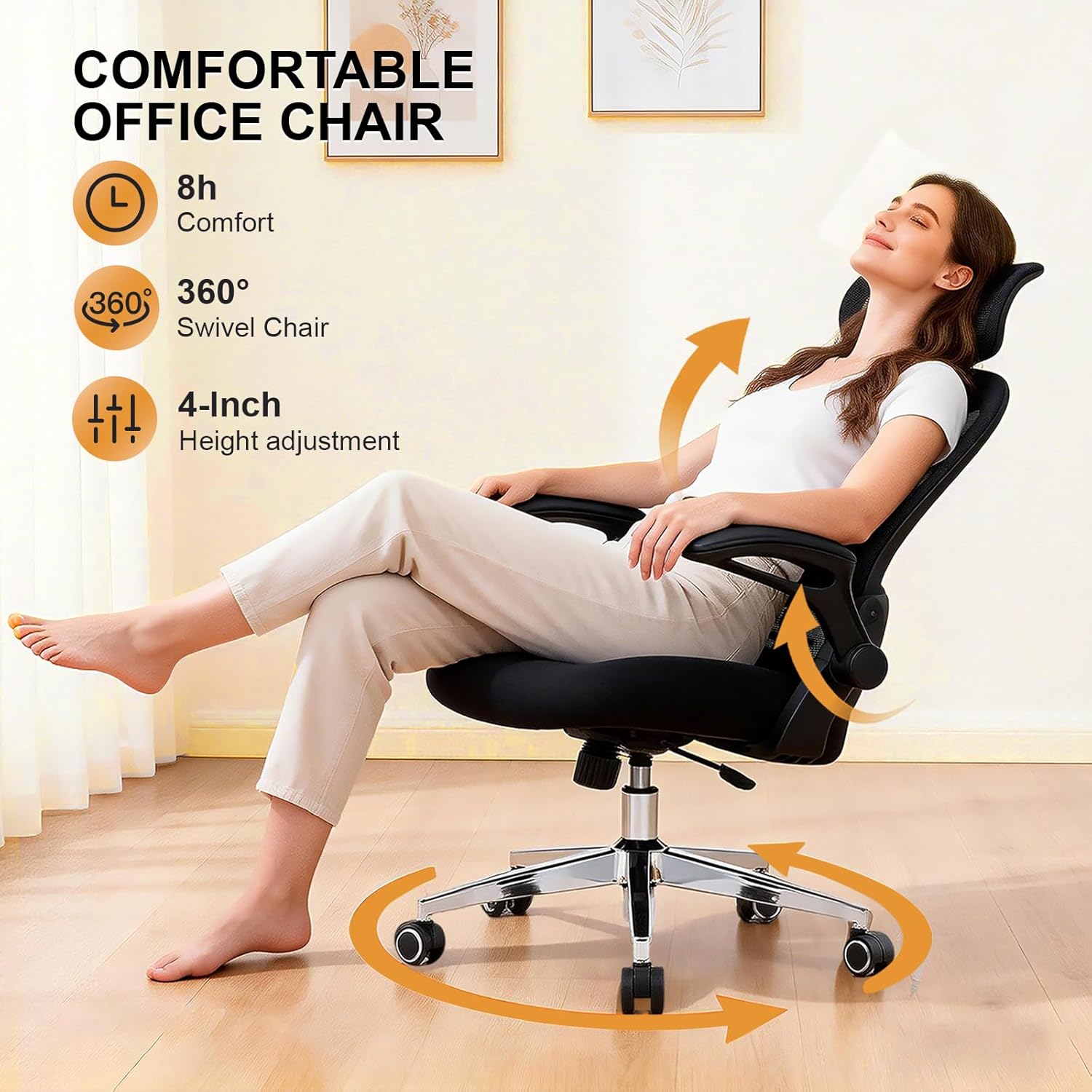 Office Chair,Home Desk Office Chair for Comfortable Home Office and Study, High Back Mesh Computer Chair with Adjustable Lumbar Support, Headrest and Armrests (Black, 4007)