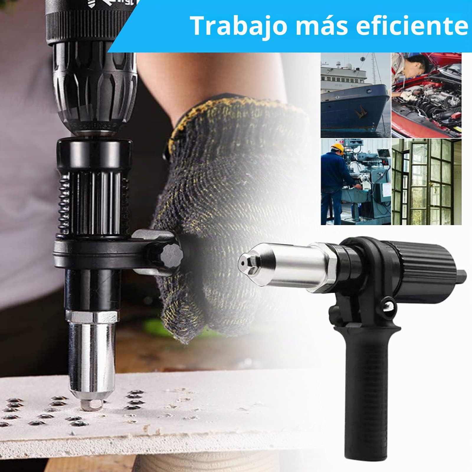 Adaptador de pistola de remachar eléctrico adaptador de taladro para remachar, herramienta de tuerca de inserción de remachadora con cabezal de remache de diámetro 2.4/3.2/4.0/4,8 mm