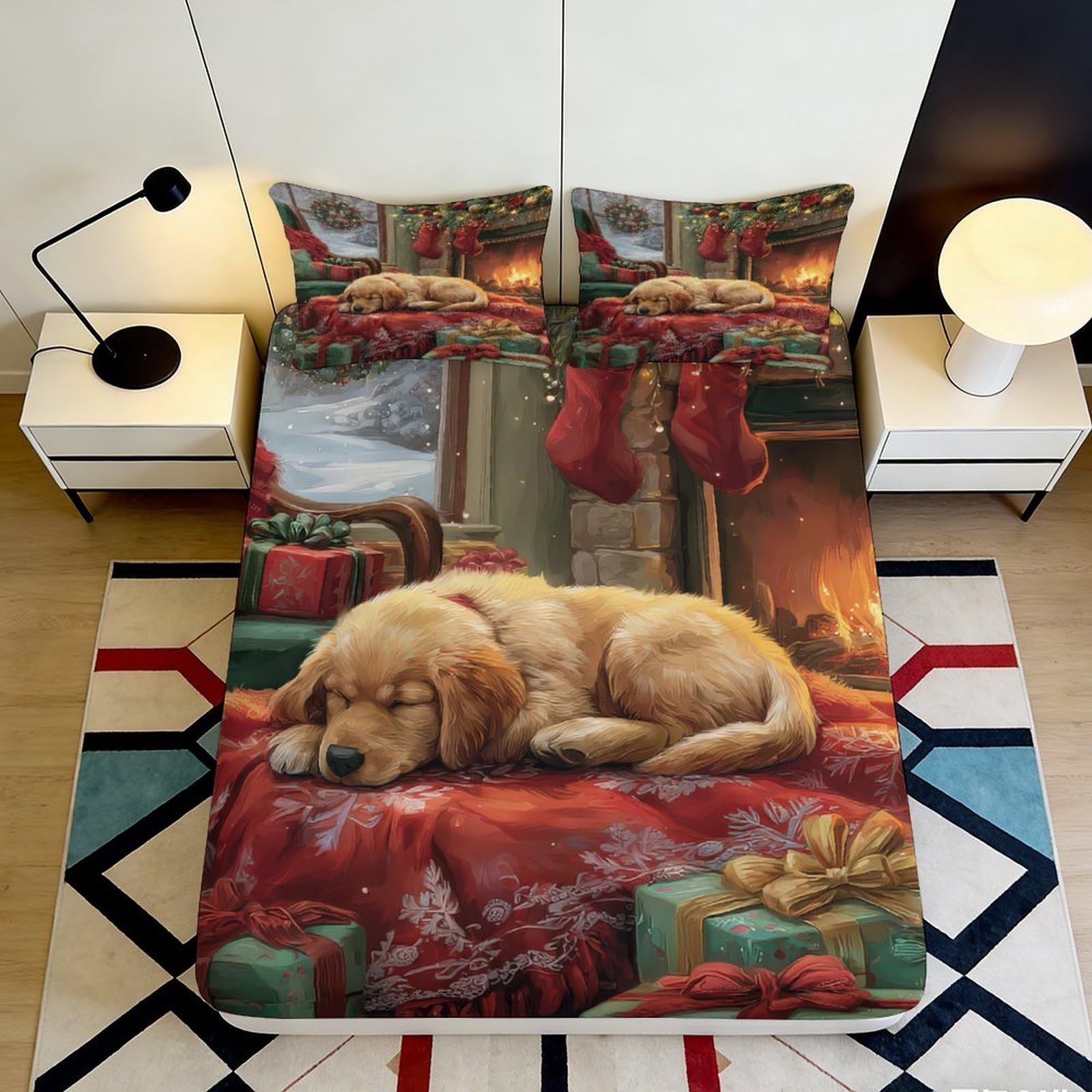 3D Printed Christmas Dog Fitted Sheet Microfiber Deep Pocket Bedroom Bedding Elastic Hem Christmas Dog Mattress Fitted Cover 140x200x25cm