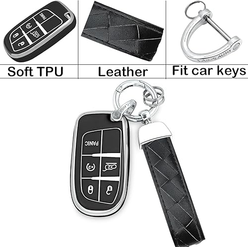 Miniatura 6 de Funda para llavero con llavero de cuero, TPU suave con 5 botones, compatible con llave de automóvil Grand Cherokee Renegade 2014-2023 para Durango
