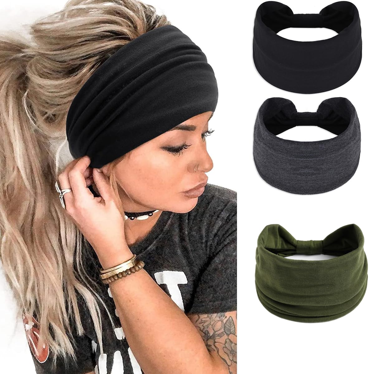 3-pack Women's Wide Brim Turban Headbands Sports Yoga Headbands Solid Color Cotton Wide Brim Turban Headbands-image-24
