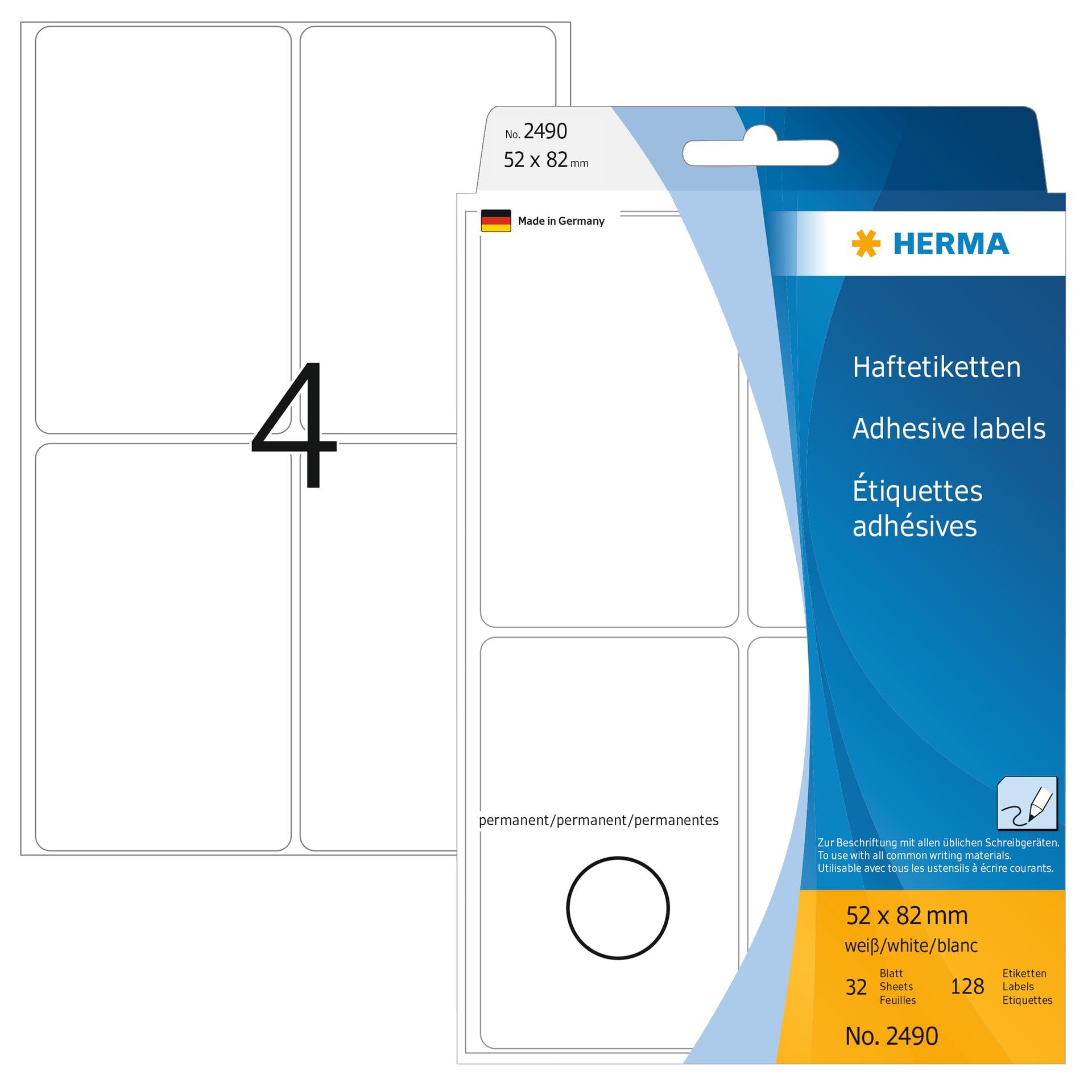 HERMA Multi Purpose Labels, 4 Labels per Sheet, 32 Sheets, 52 x 82 mm, 128 Labels, Self Adhesive Large Labels Stickers, Blank Sticky Labels for Office Kitchen Home, White