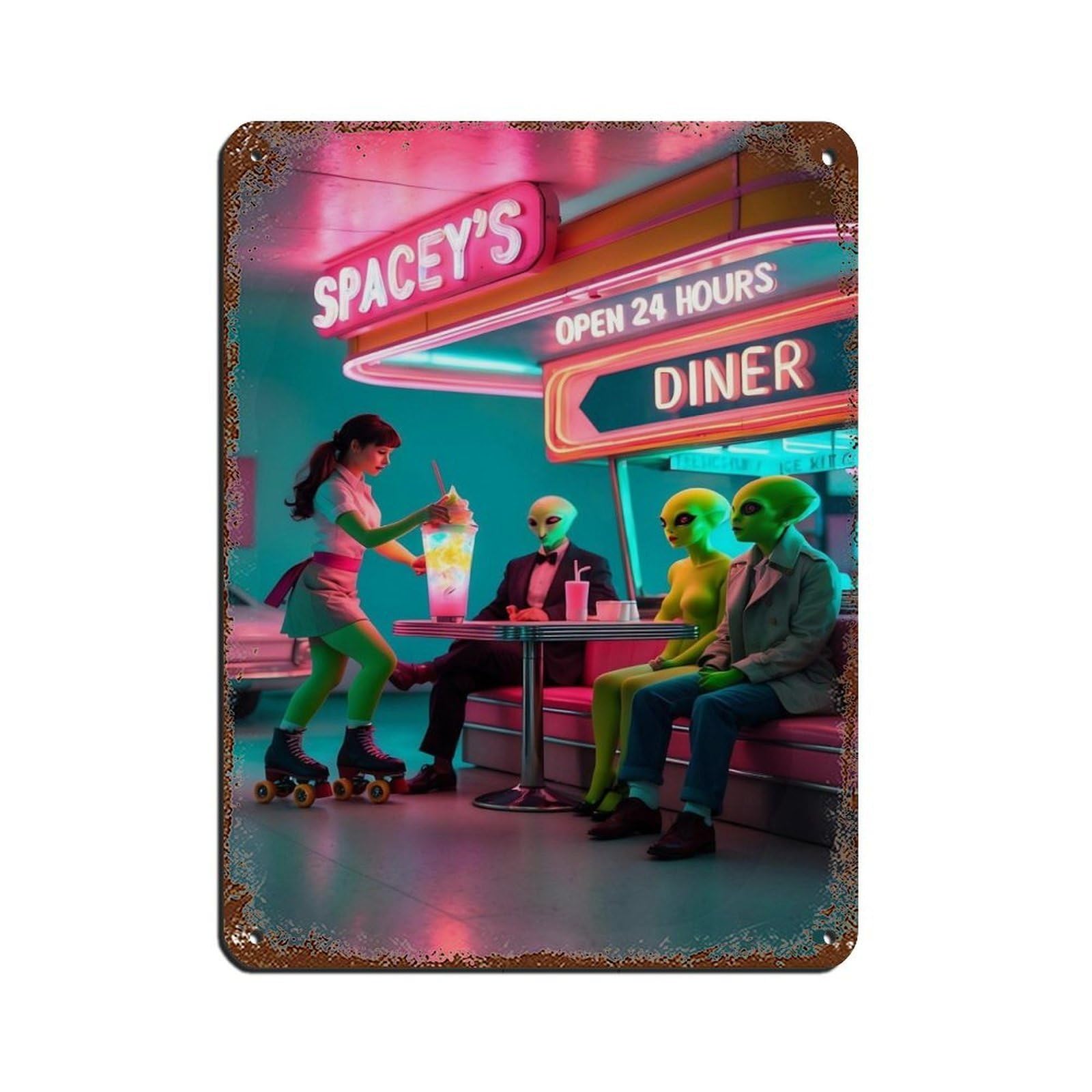 Retro Space Diner Neon Art Retro Poster Metal Tin Sign Chic Art Retro Iron Painting Bar People Cave Cafe Family Garage Poster Wall Decoration 12x16inch(30x40cm)