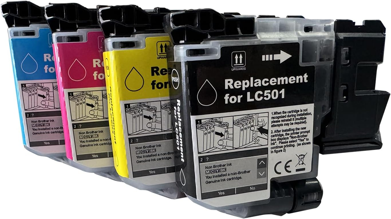 High Yield LC501 LC501XL Ink Cartridges 4-Pack Replacement for Brother MFC-J1260DW MFC-J1360DW MFC-J1410DW Printers, Black, Cyan, Magenta, Yellow